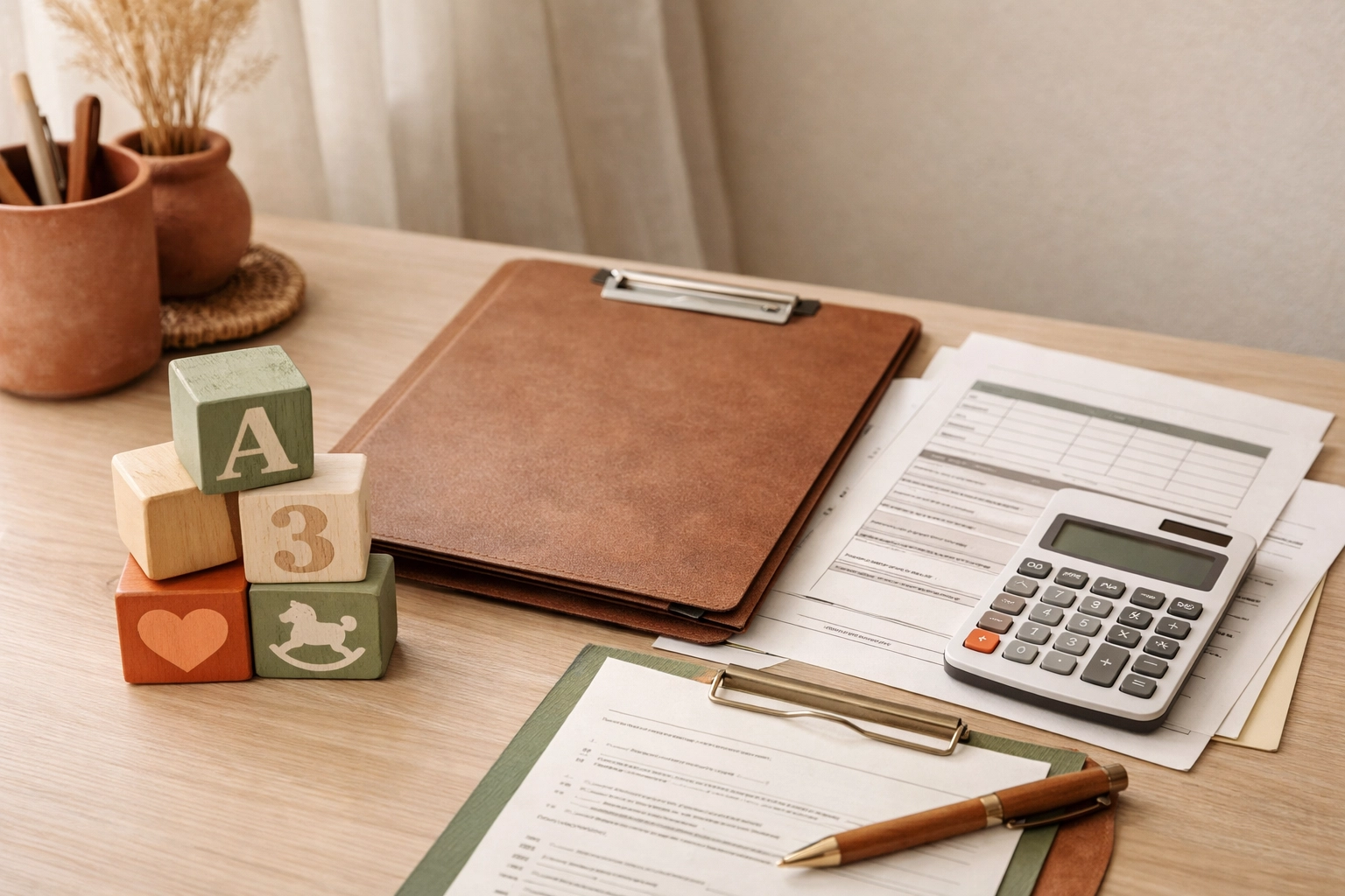 Children's blocks beside legal paperwork for a child support modification in Virginia in terracotta, sage, and cream tones.