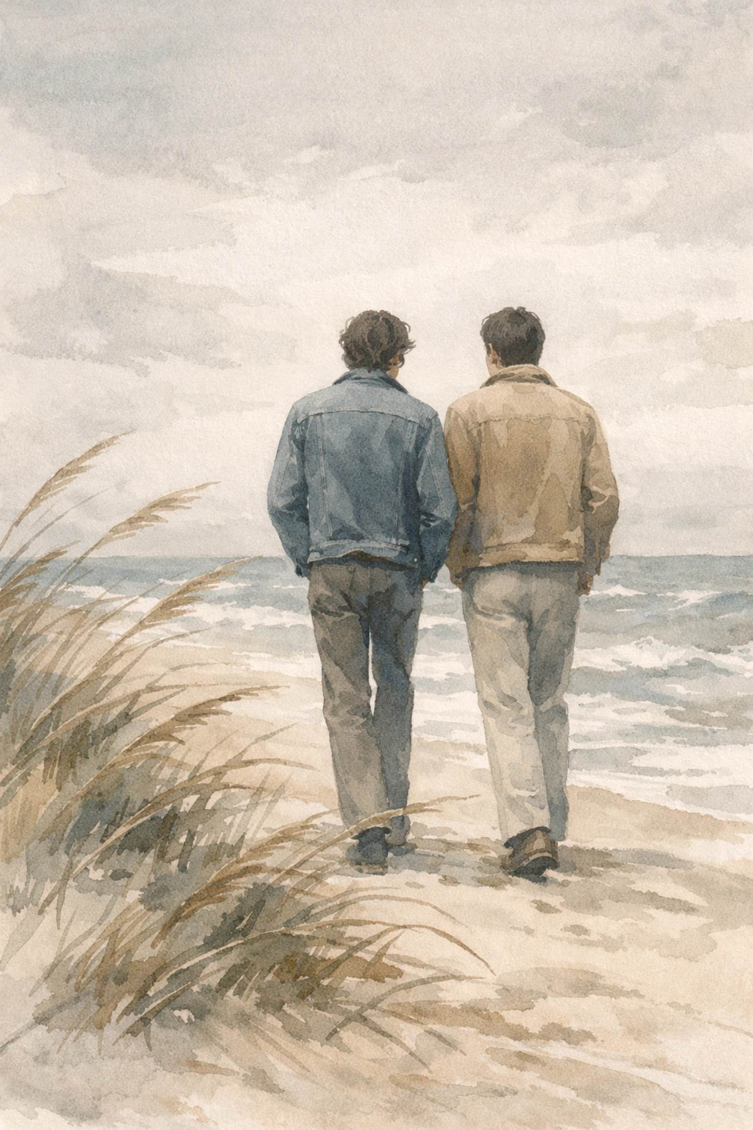 Two men walking together on Hiddensee beach, finding freedom in East Germany's queer sanctuary