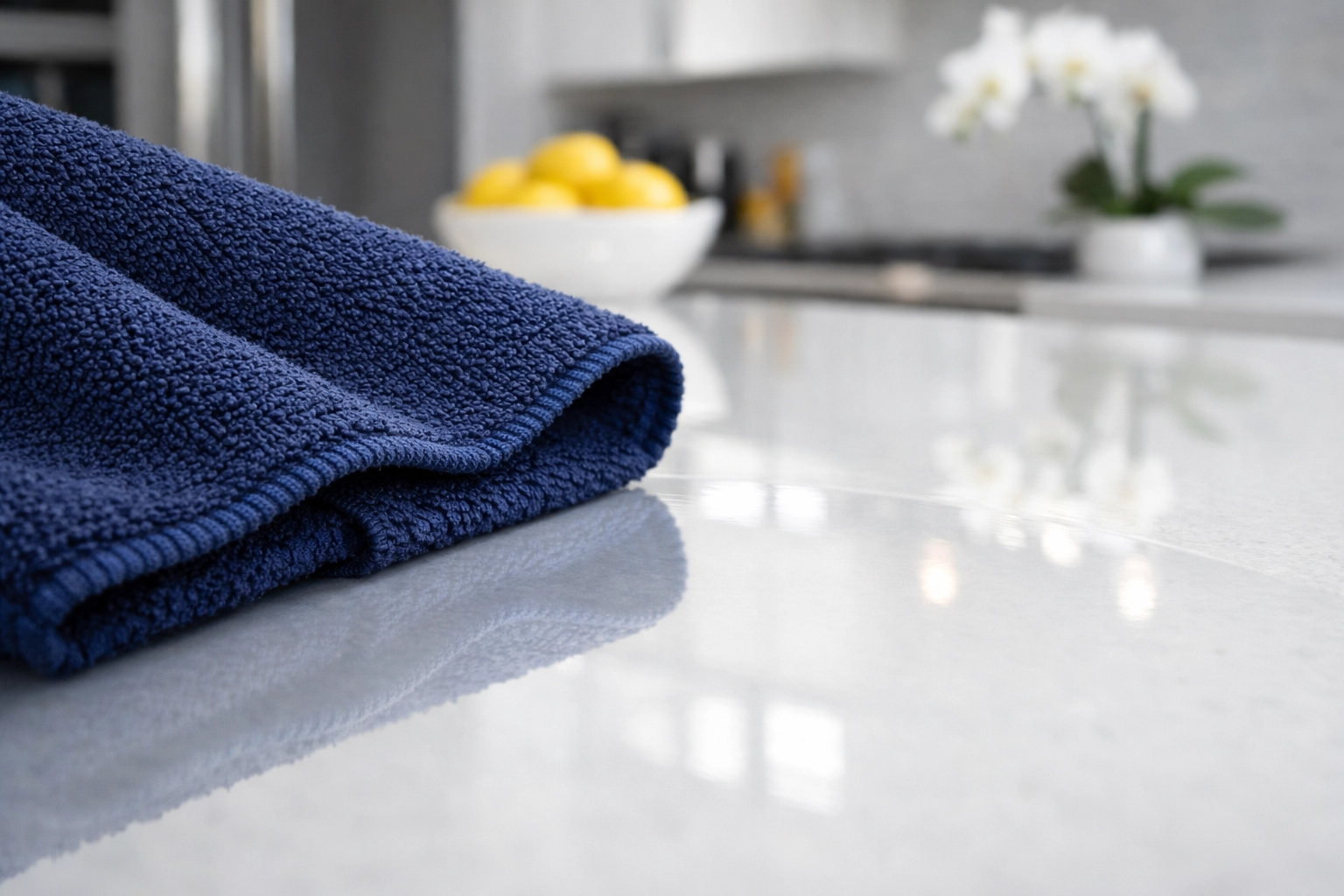 Professional microfiber cloth wiping a white kitchen island for a streak-free shine in Ashburnham MA.