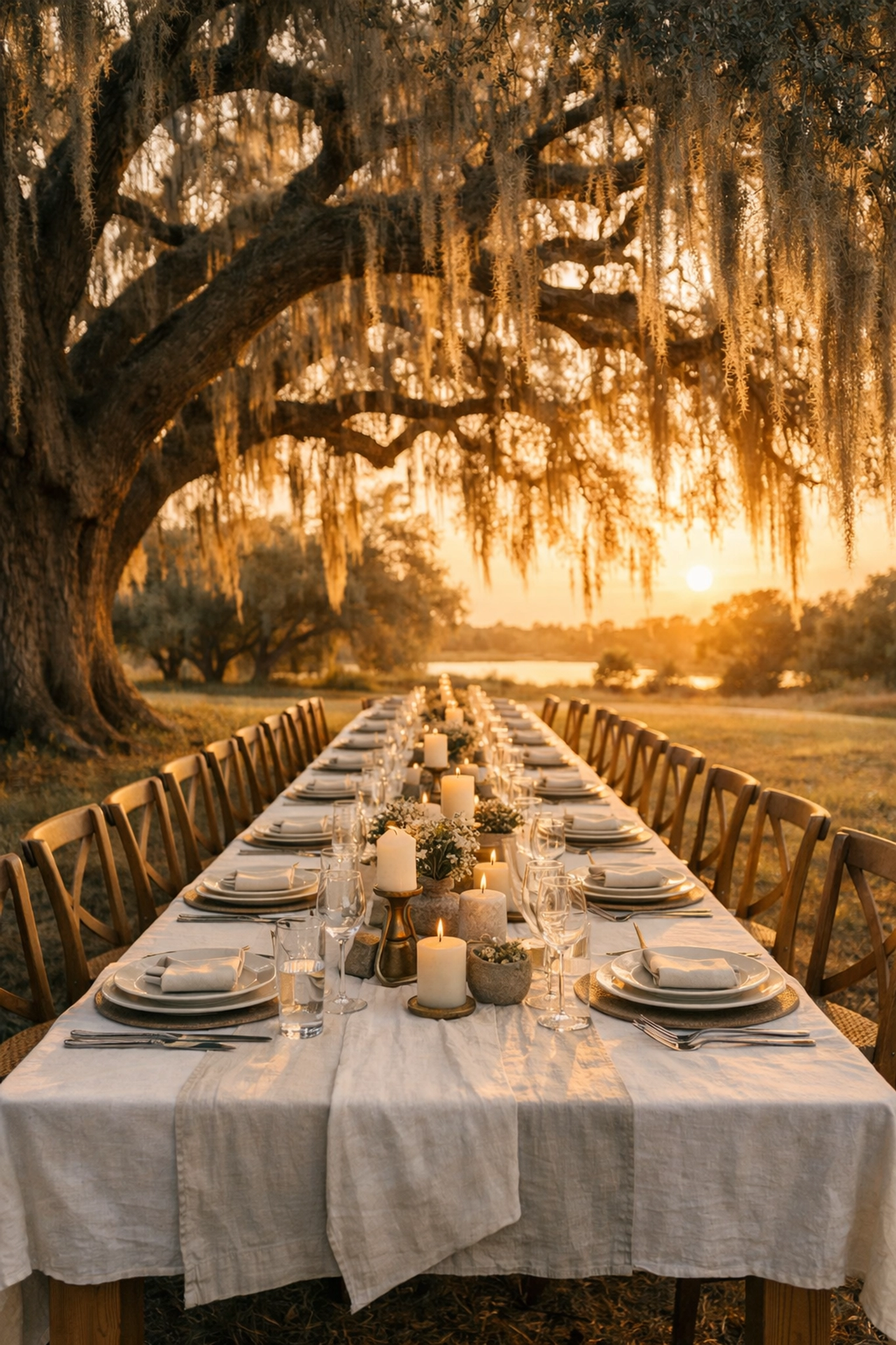 An elegant outdoor community dining table under a Florida oak, symbolizing dignity and honor in feeding.