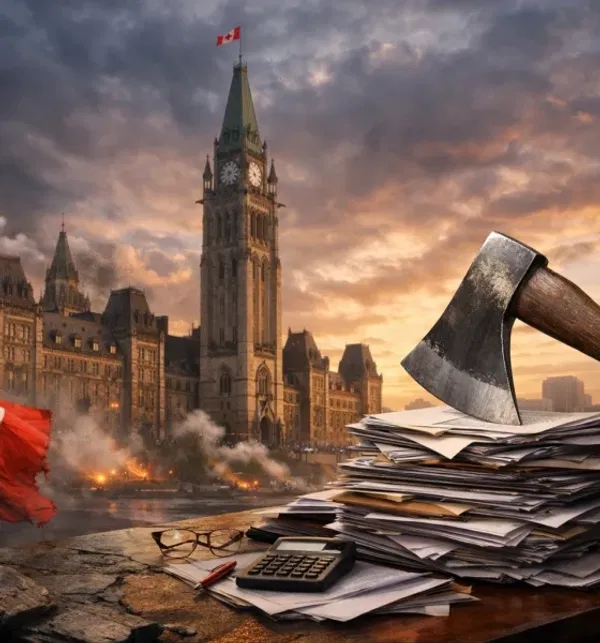 A dramatic image of Canada’s Parliament building under stormy skies, with a large axe embedded in a stack of documents, papers, and a calculator in the foreground.