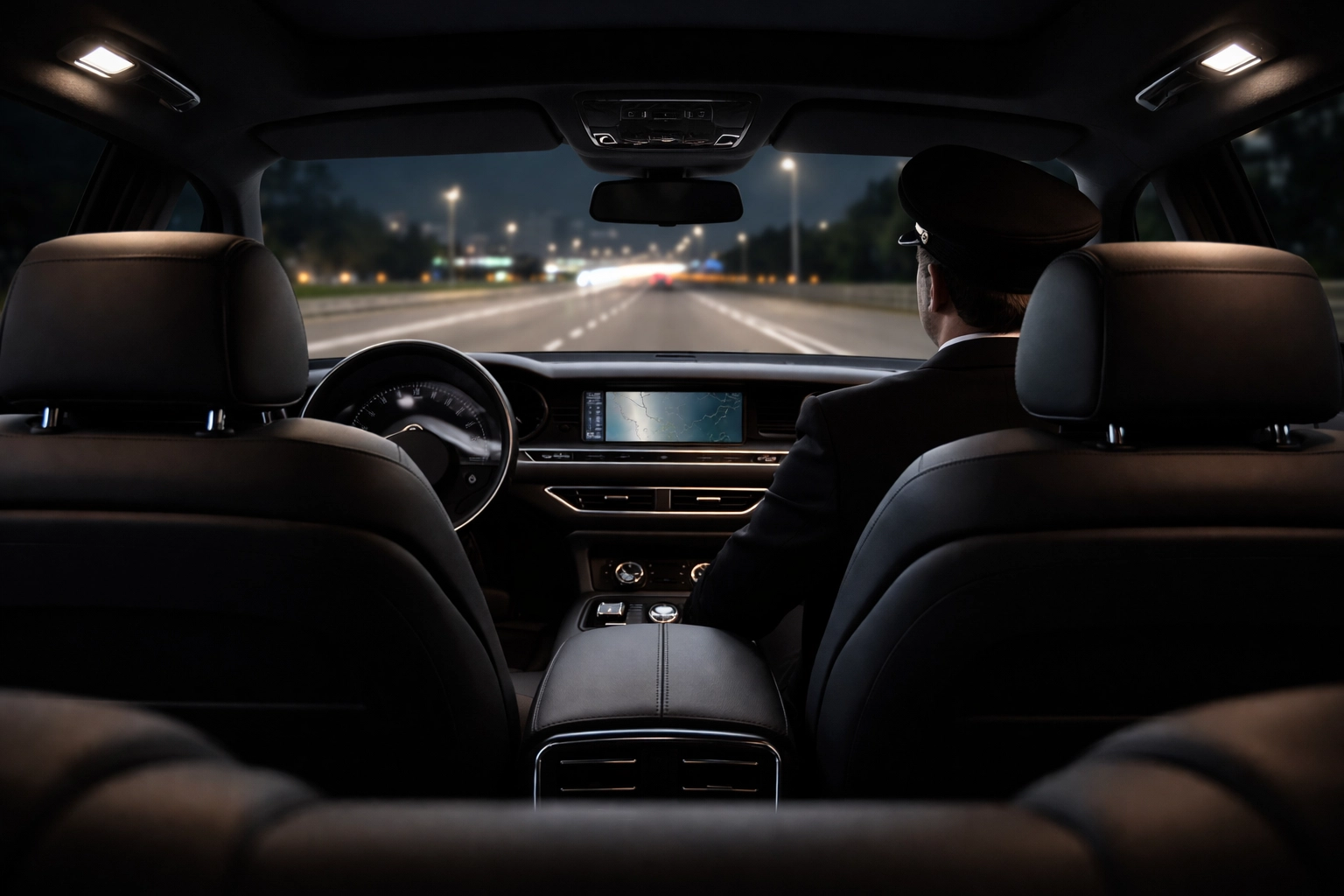 View from the back seat of a chauffeur-driven executive car heading to Belfast after a late-night Dublin Airport arrival.