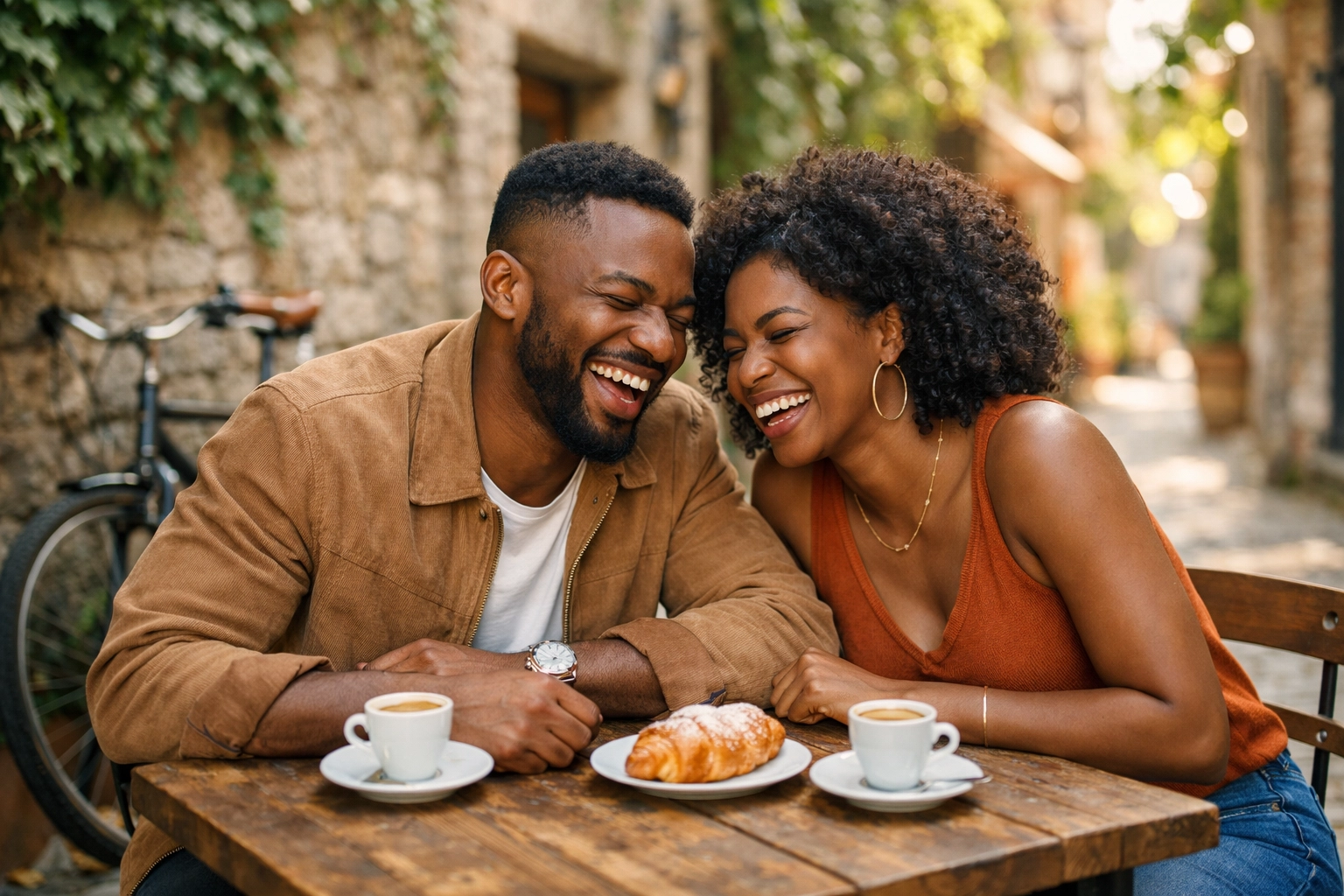 A relaxed couple enjoys coffee in Europe, highlighting a balanced custom travel itinerary from an Omaha Travel Agent.