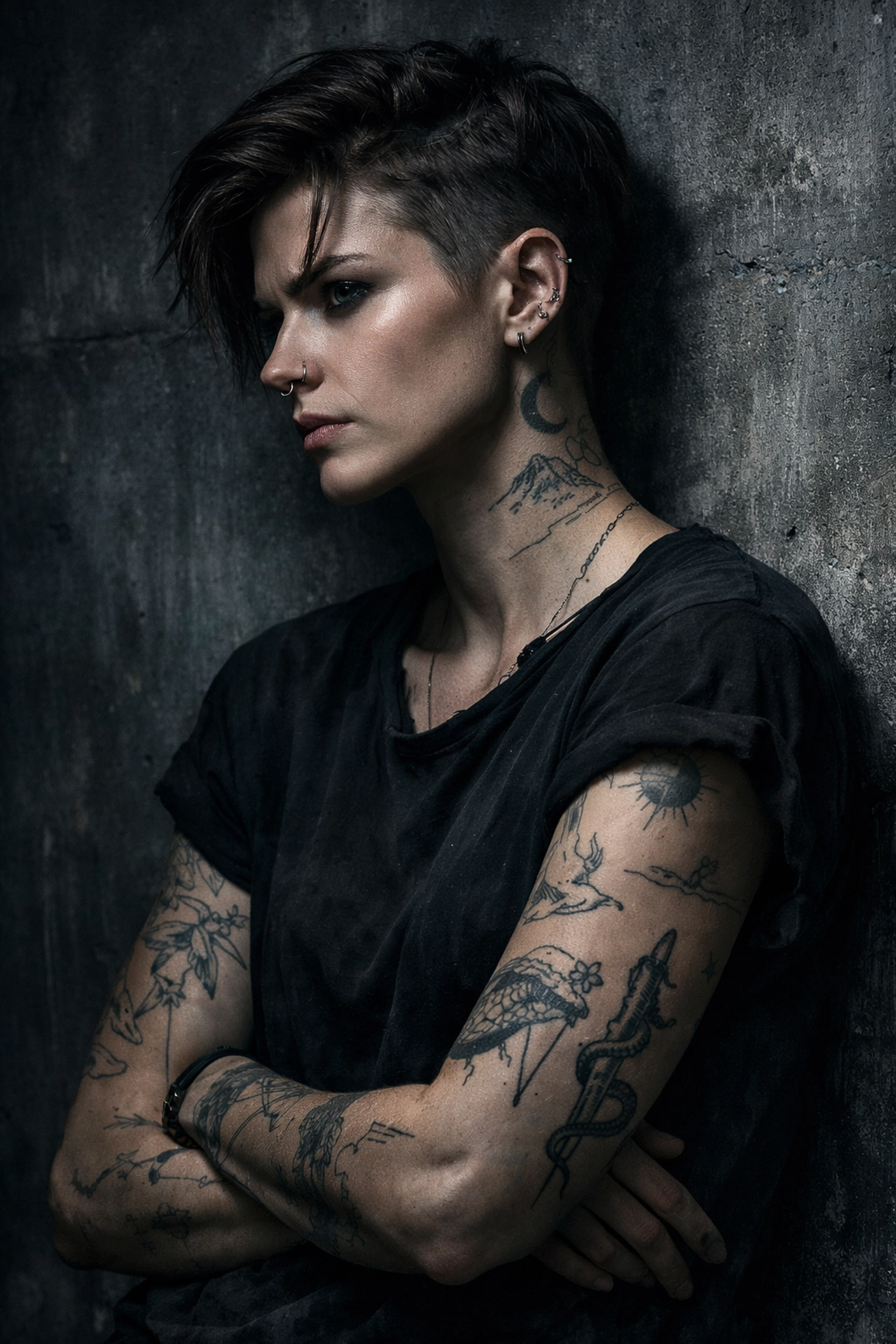 Custom fine line tattoos on arms and neck, illustrating personal identity and visionary storytelling.