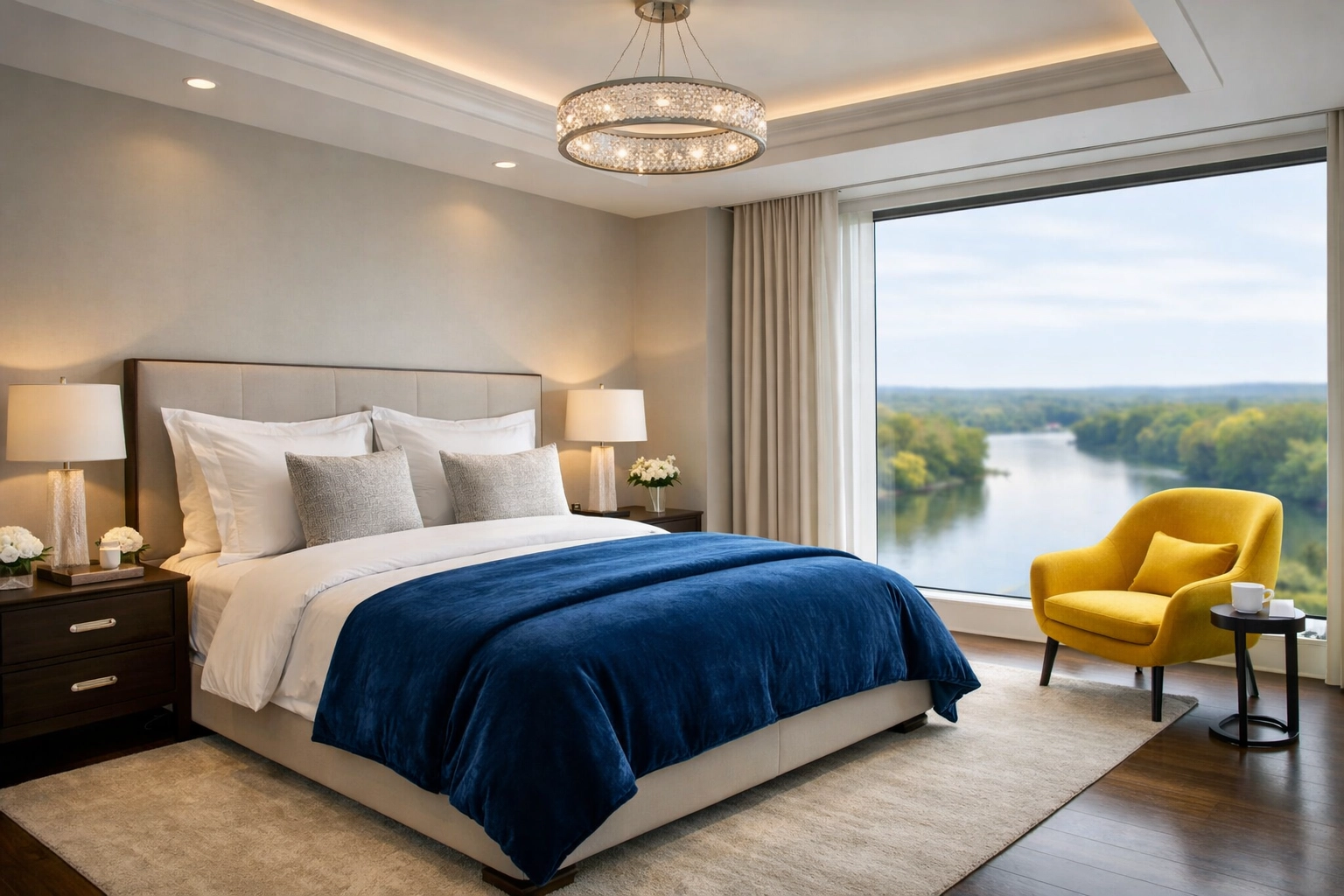 Serene Lowell bedroom with fresh linens overlooking the Merrimack River, maintained by professional maid services.