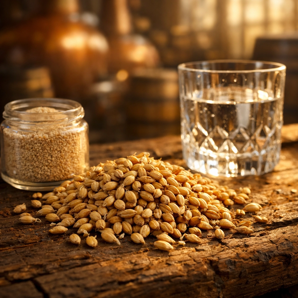 Raw malt whisky ingredients featuring sprouted malted barley and yeast on a rustic distillery bench.