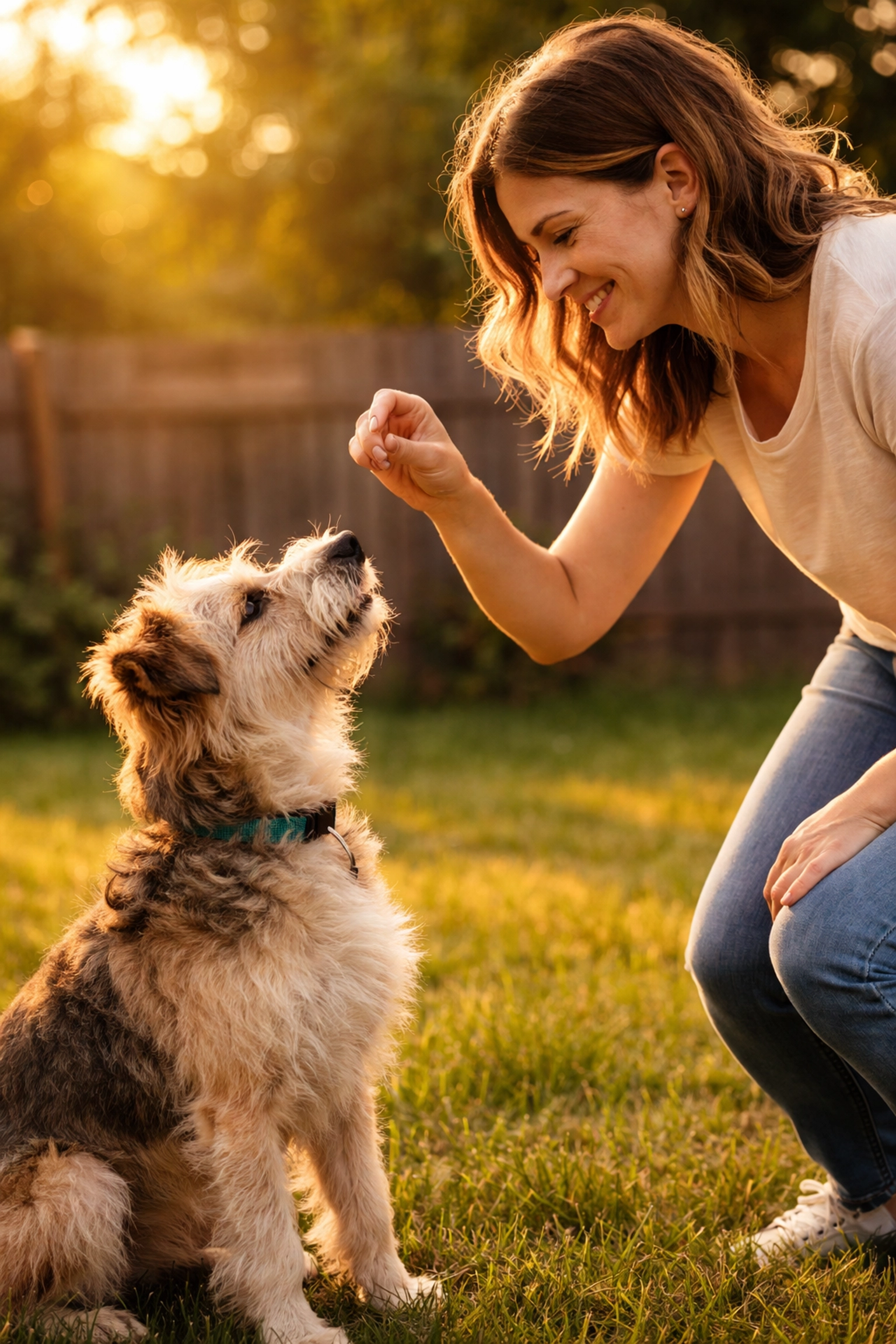 Woman teaching a terrier mix to sit in a sunny backyard, demonstrating foster care and dog training