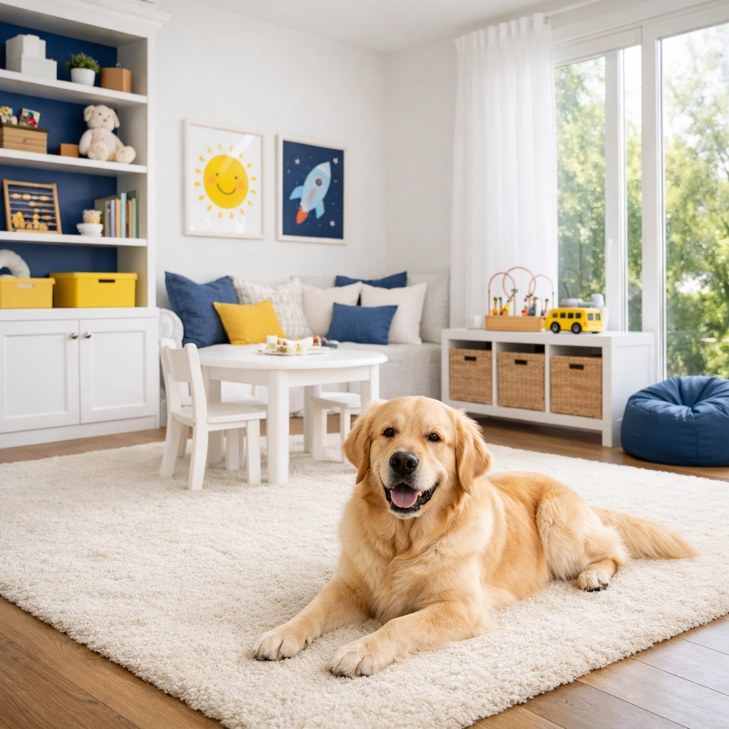 Clean pet-friendly family room in Ayer MA after a professional deep cleaning service.