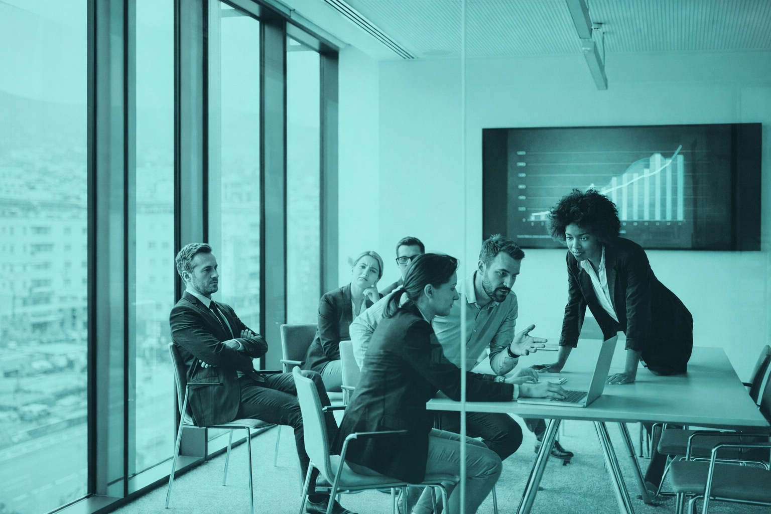 Corporate team meeting in a glass-walled office, displaying varying engagement with digital transformation change.