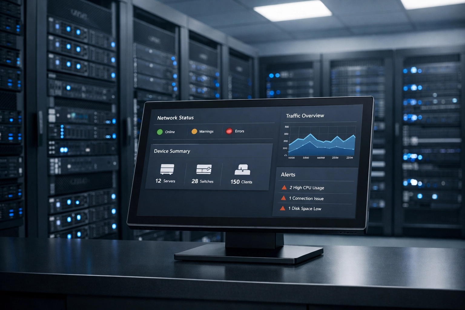Modern network operations center with centralized SD-WAN management dashboard