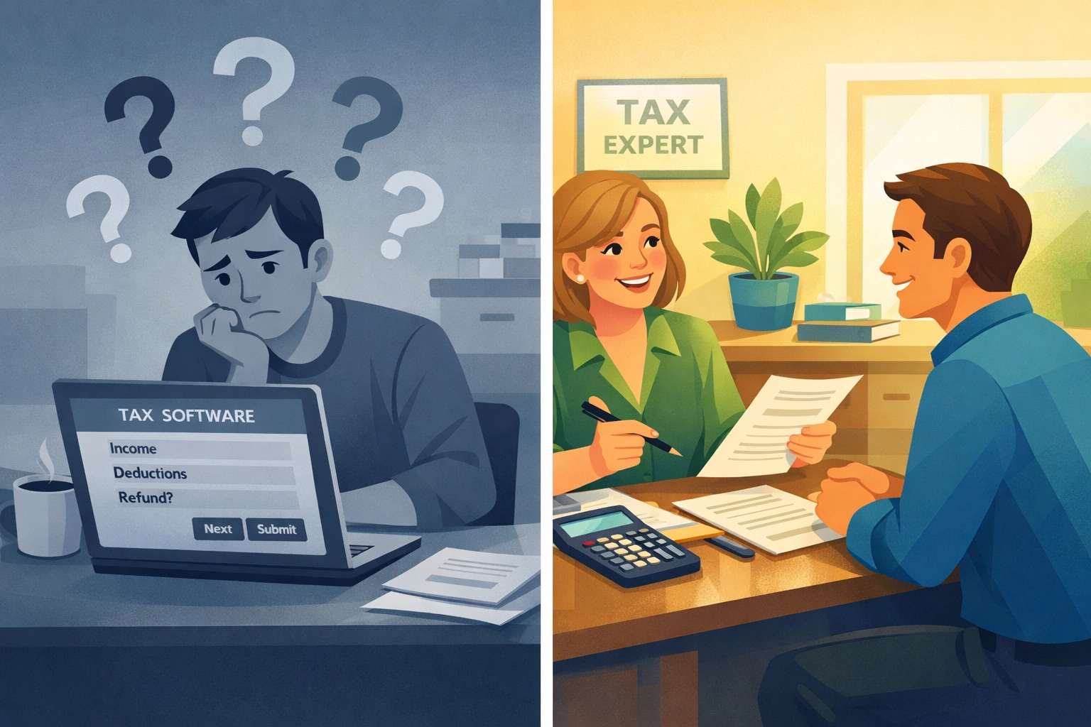 Concierge tax pro meeting with client versus person using DIY tax software alone