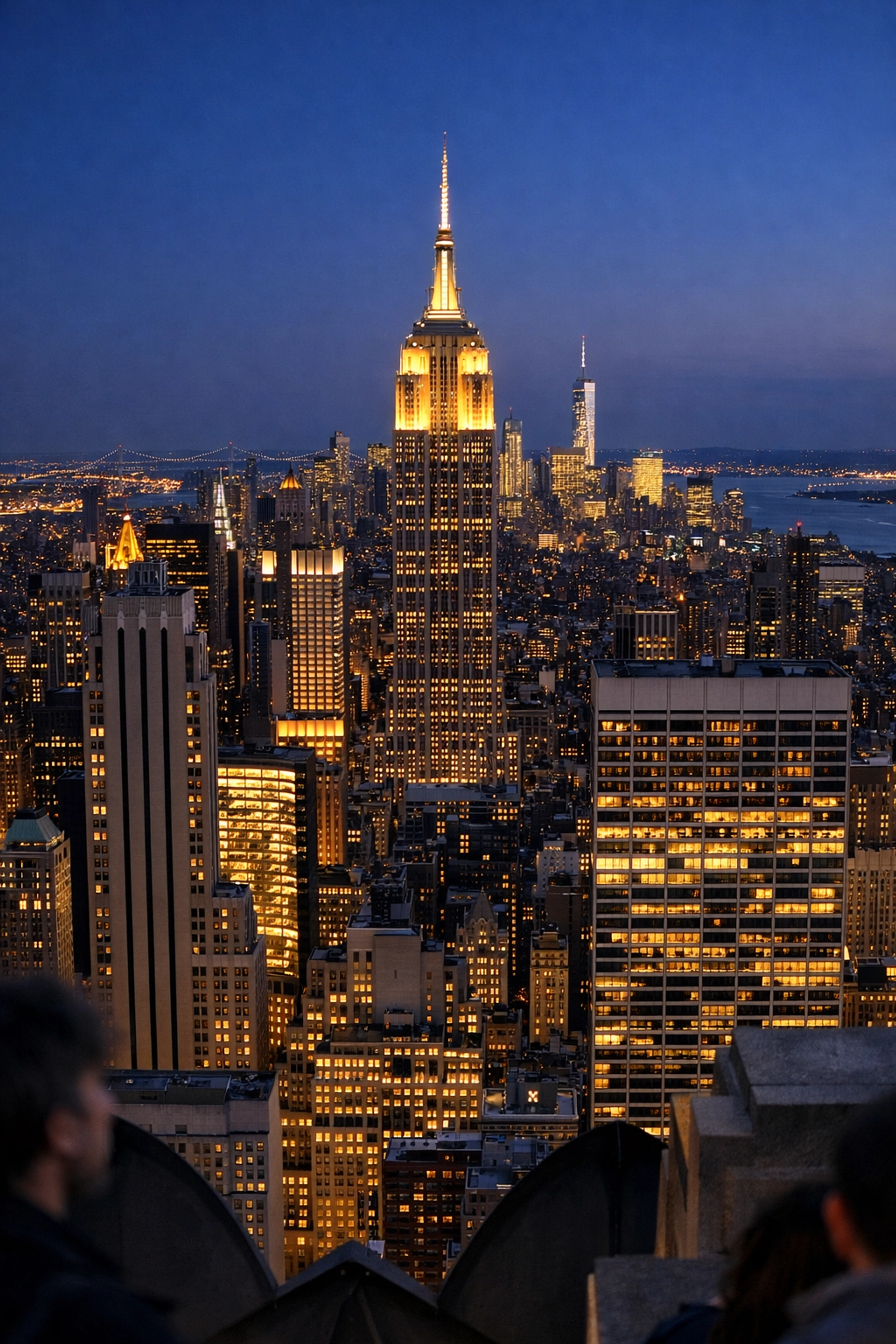 Empire State Building at dusk from Top of the Rock, a premier New York City photography location for skyline views.