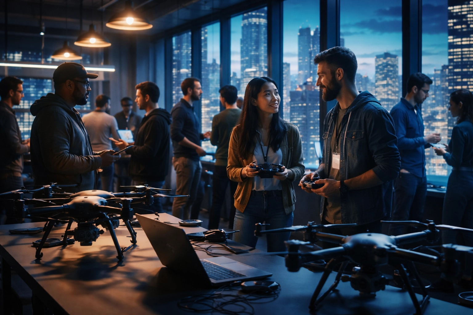 A group of aspiring drone pilots network in a tech-focused workspace, showcasing the Drone Pro Club community.