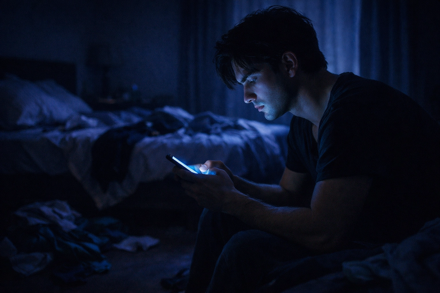Young gay man experiencing digital addiction late at night with smartphone