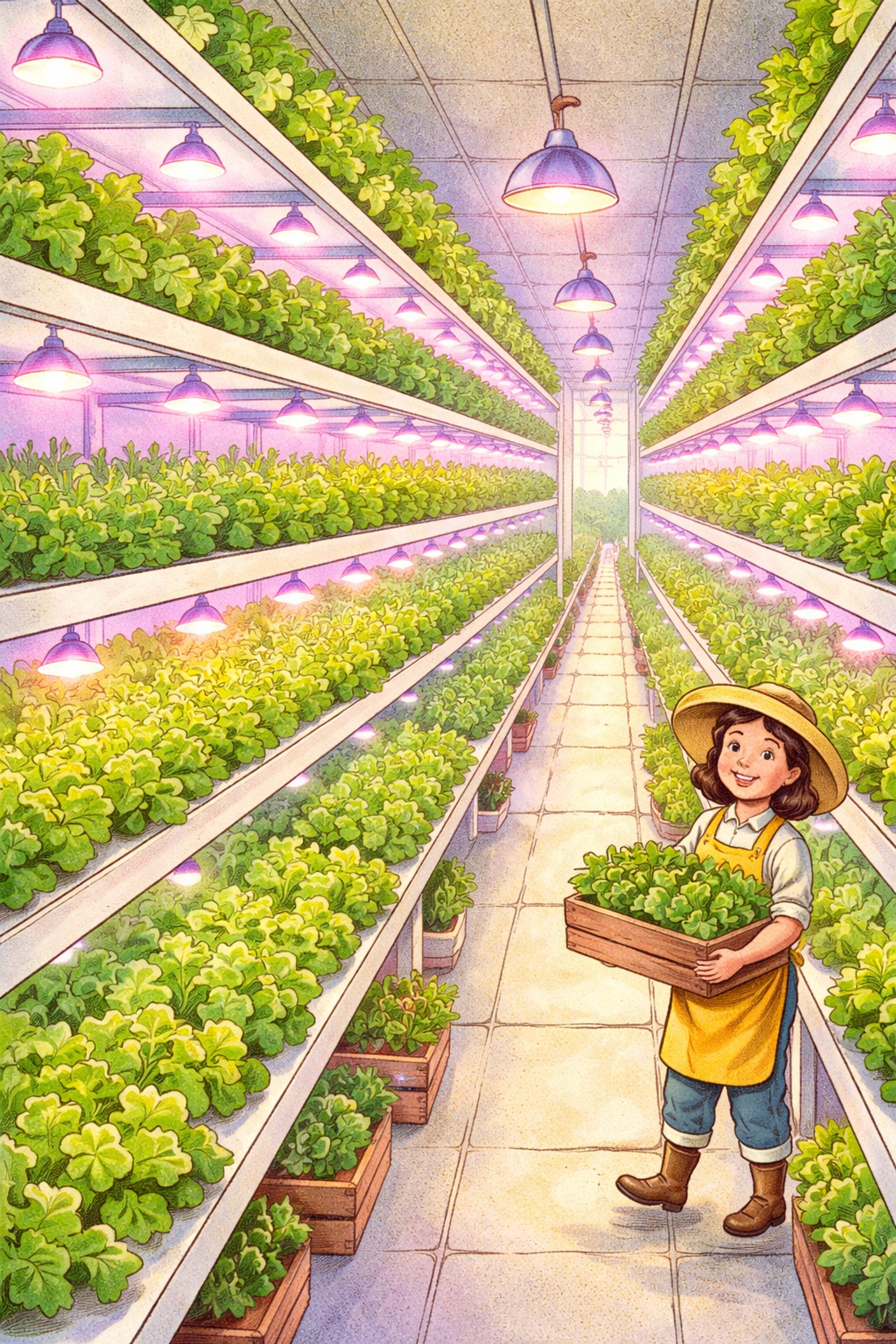 Modern vertical farm interior with stacked shelves of leafy greens under grow lights, illustrating contemporary vertical farming.