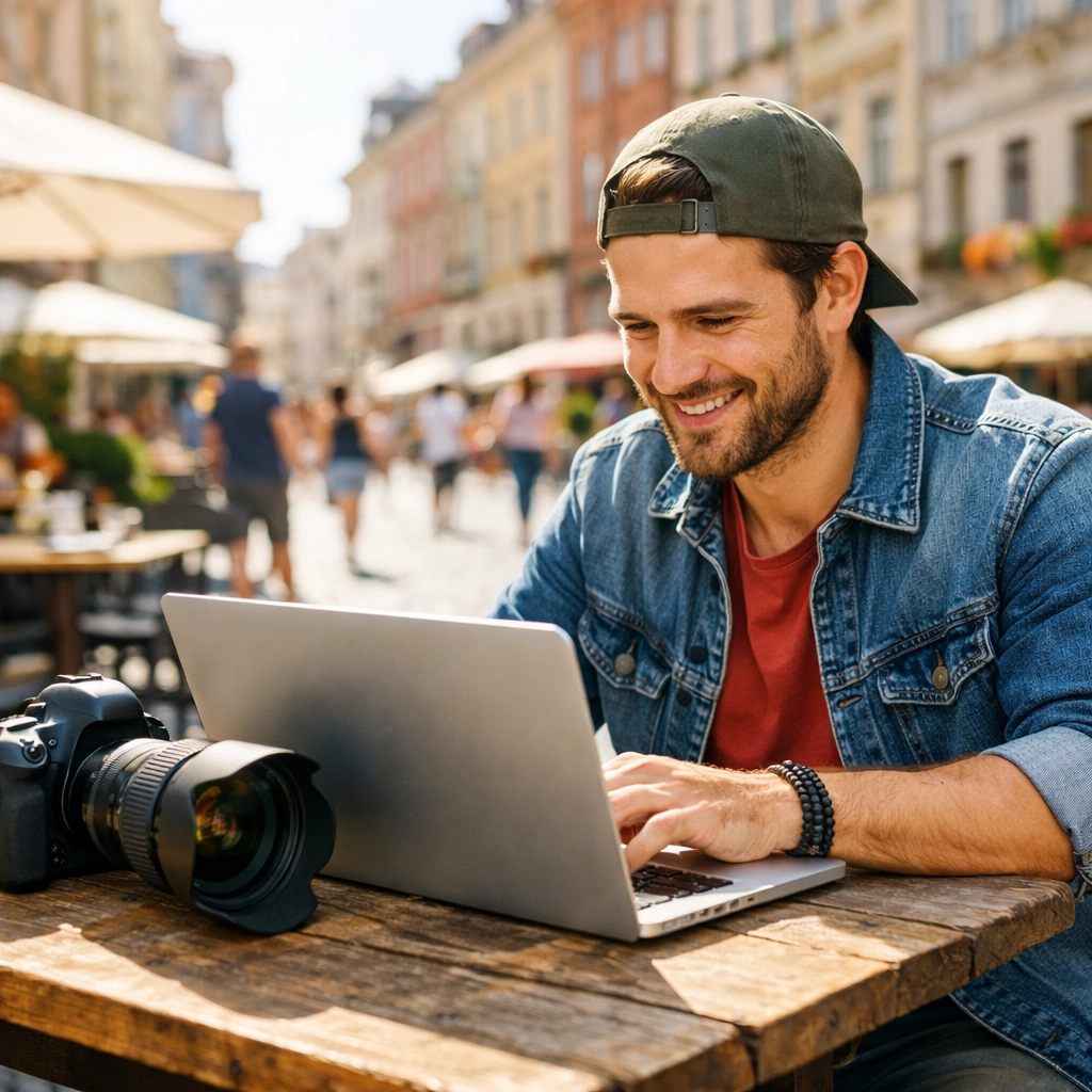 Photographer using a laptop at an outdoor cafe to manage bookings and bid on new photography projects.