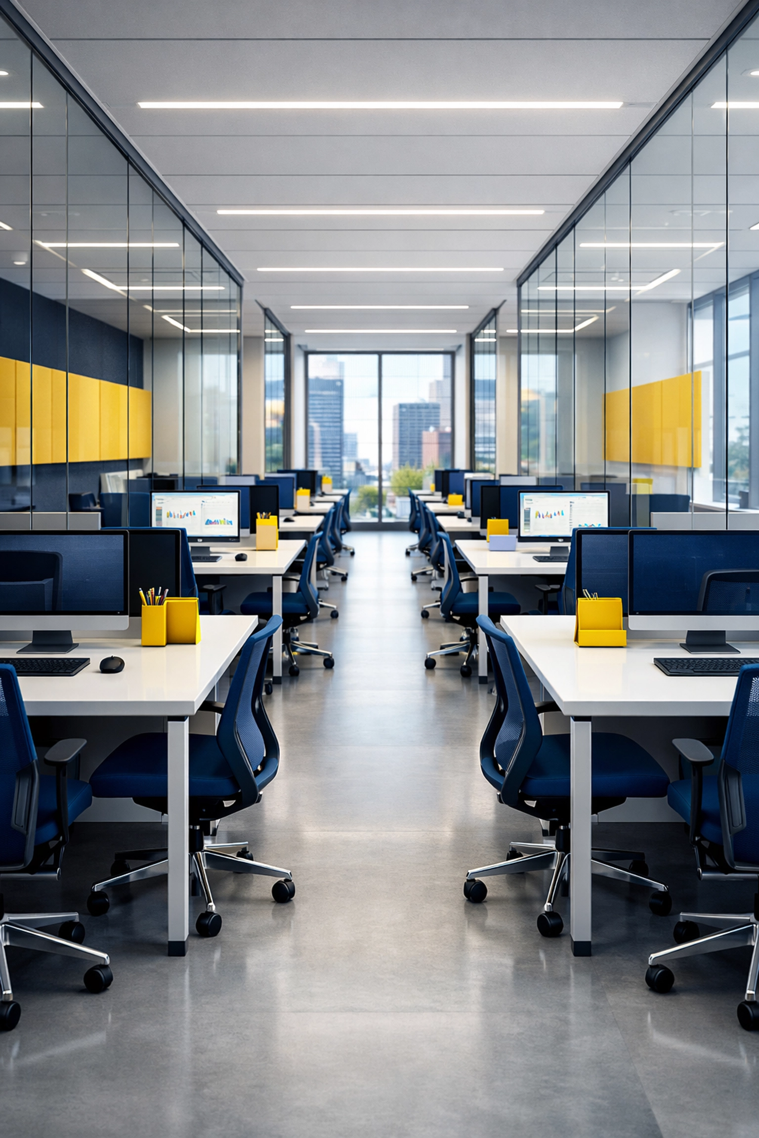Organized office cleaning in Kendall Square featuring sanitized workstations and glass partitions.