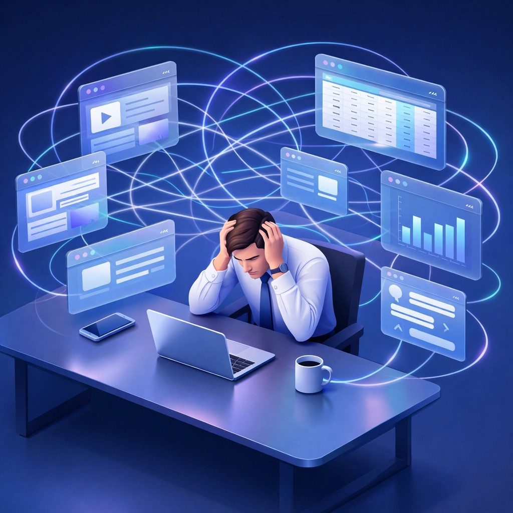 Marketer overwhelmed by multiple browser tabs and spreadsheets during manual influencer search