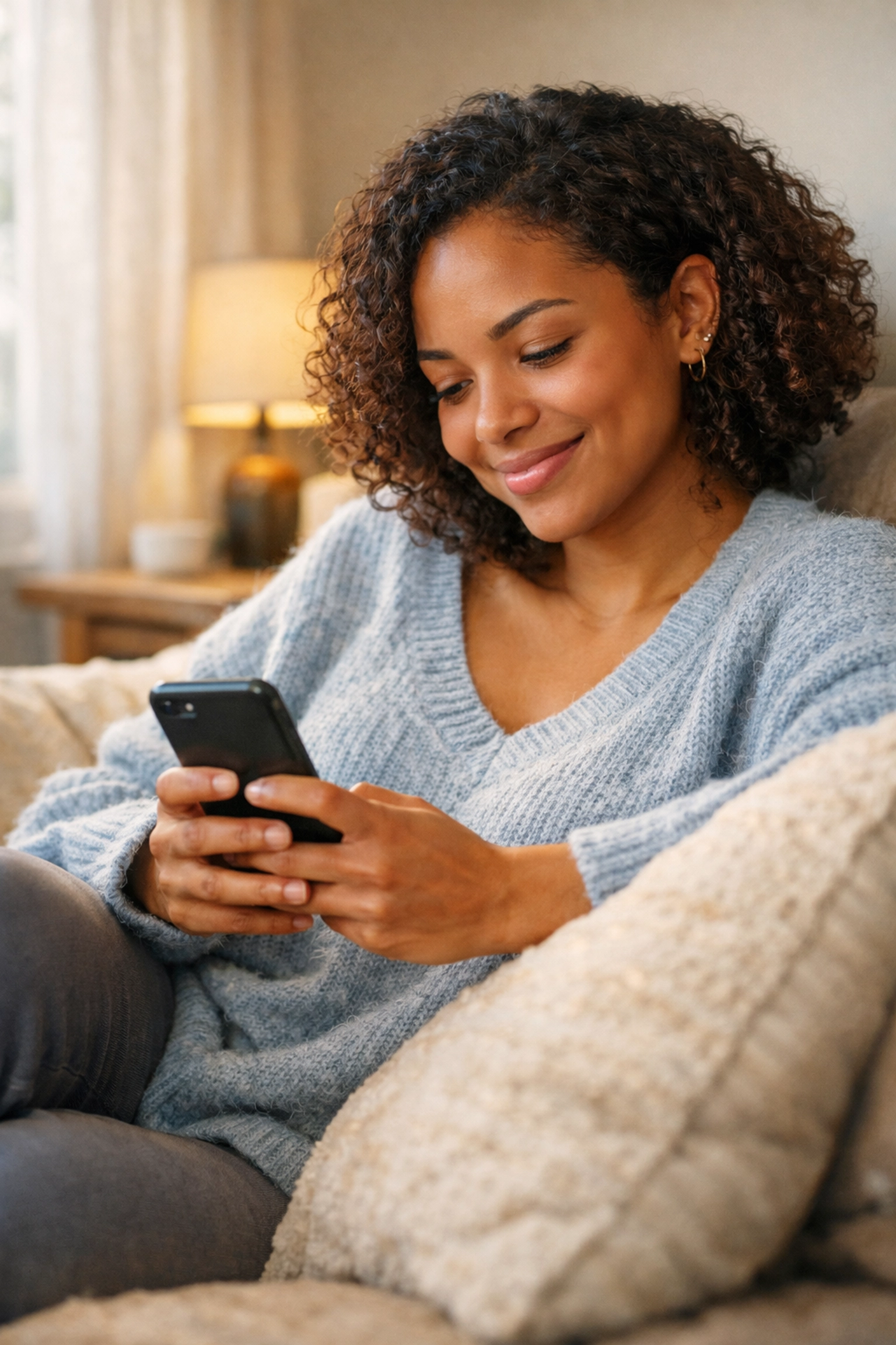 Woman comfortably using text-based telehealth from home for private online medical consultation