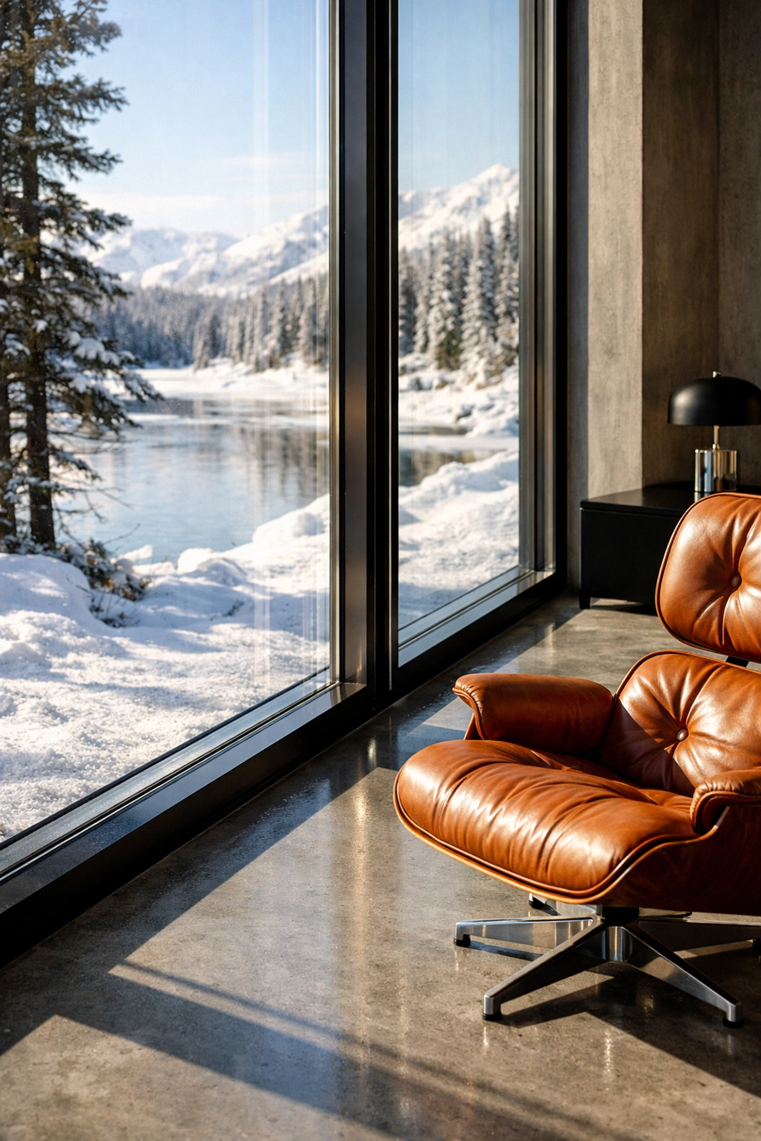 Sustainable luxury interior featuring triple-pane glass walls and warm radiant floor heating.