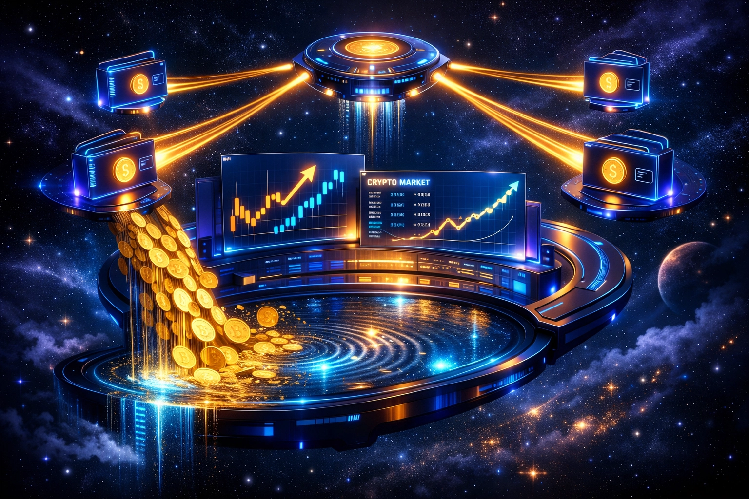 Cryptocurrency dashboard showing passive income flows from yield farming and liquidity pools