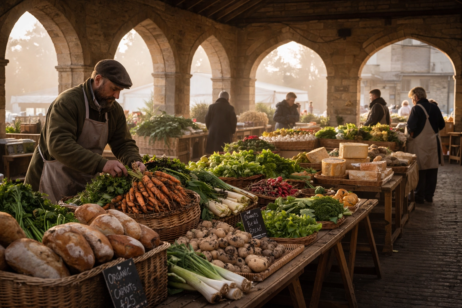 Local farmers market with fresh produce, cheese, and bread in Chipping Campden Market Hall