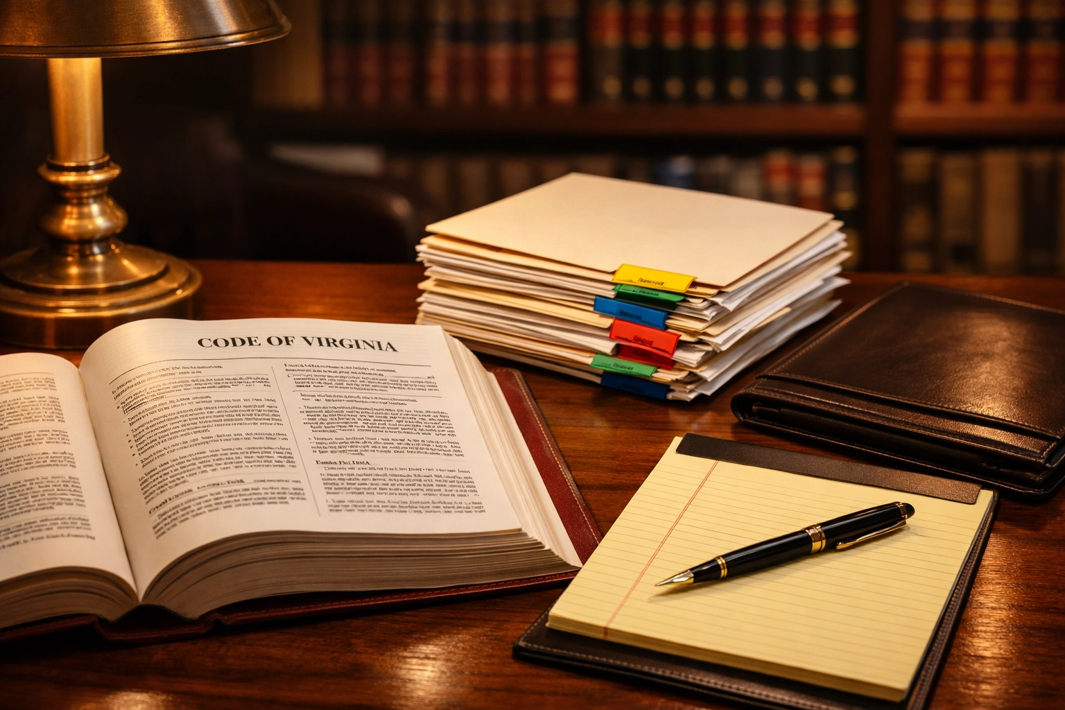 Family law attorney desk with Virginia legal codes and case files for divorce preparation