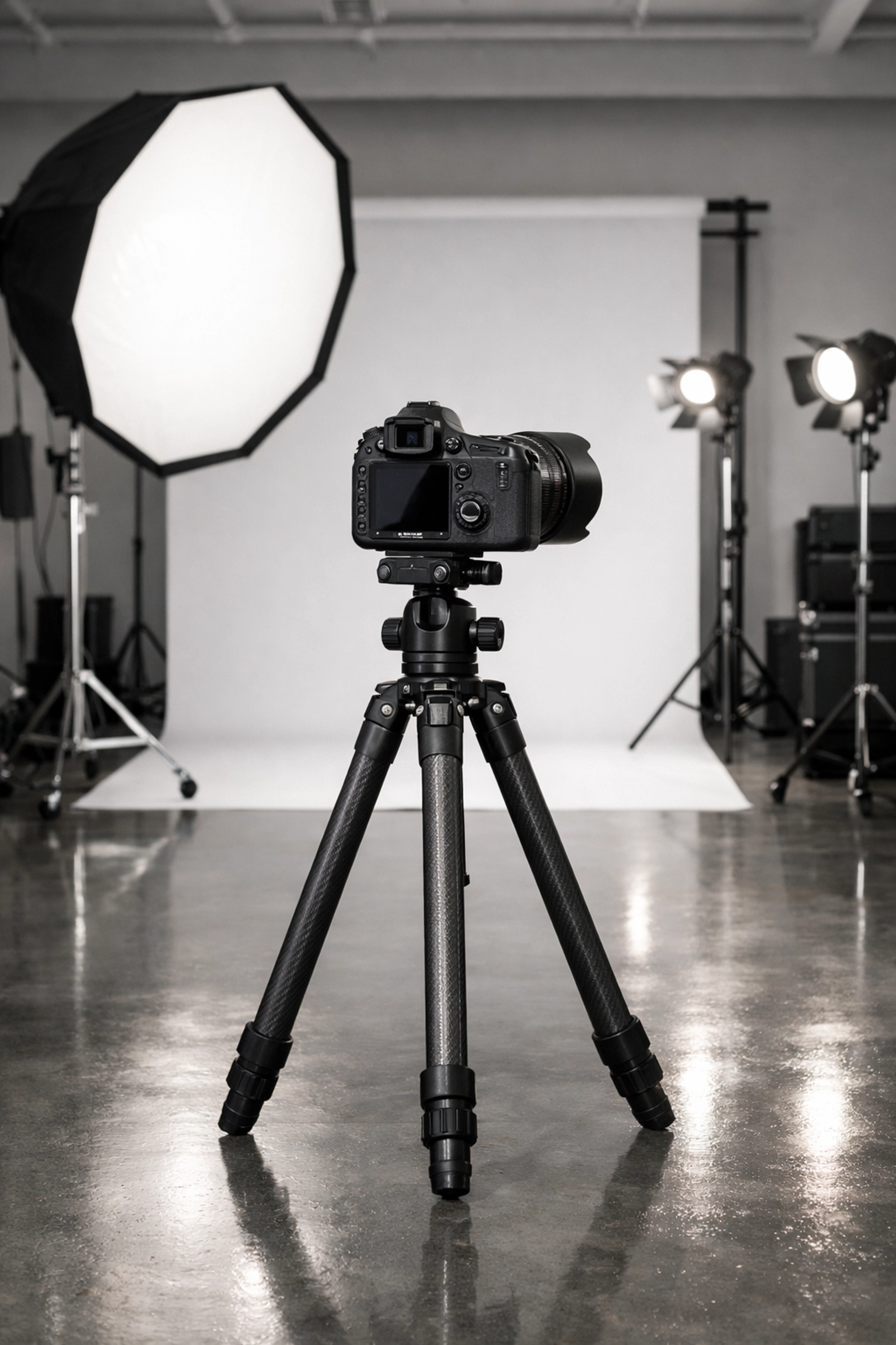 A professional camera and studio lights demonstrate how to use manual mode camera for beginners.