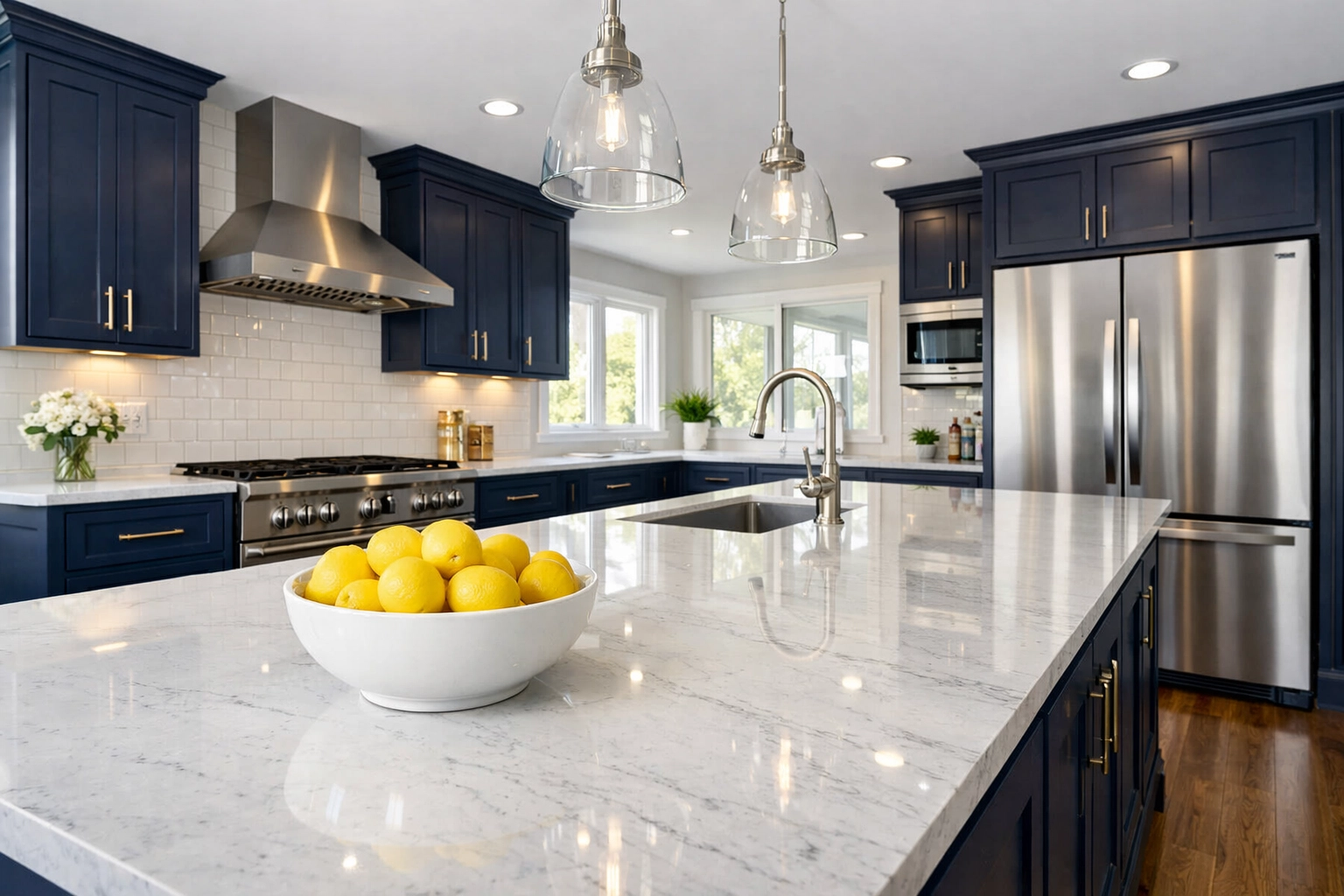 Sparkling clean kitchen in Hudson MA with marble countertops sanitized by House Cleaning Hudson MA professionals.