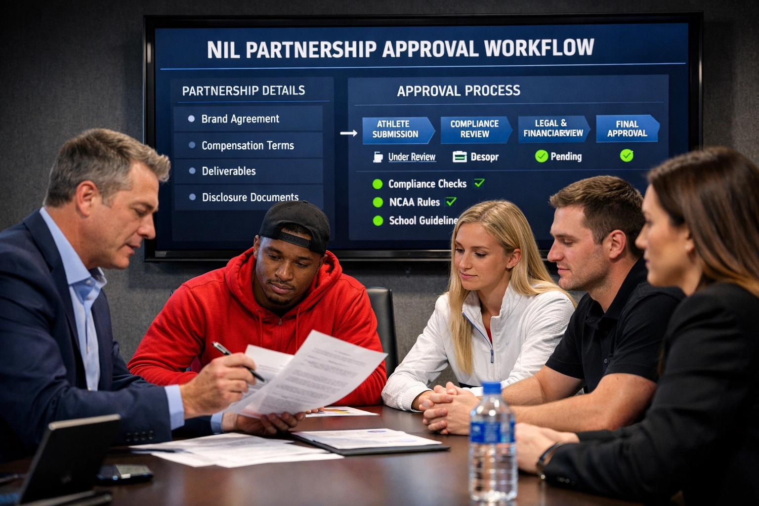 Brand representatives and college athletes reviewing NIL partnership strategy in professional meeting