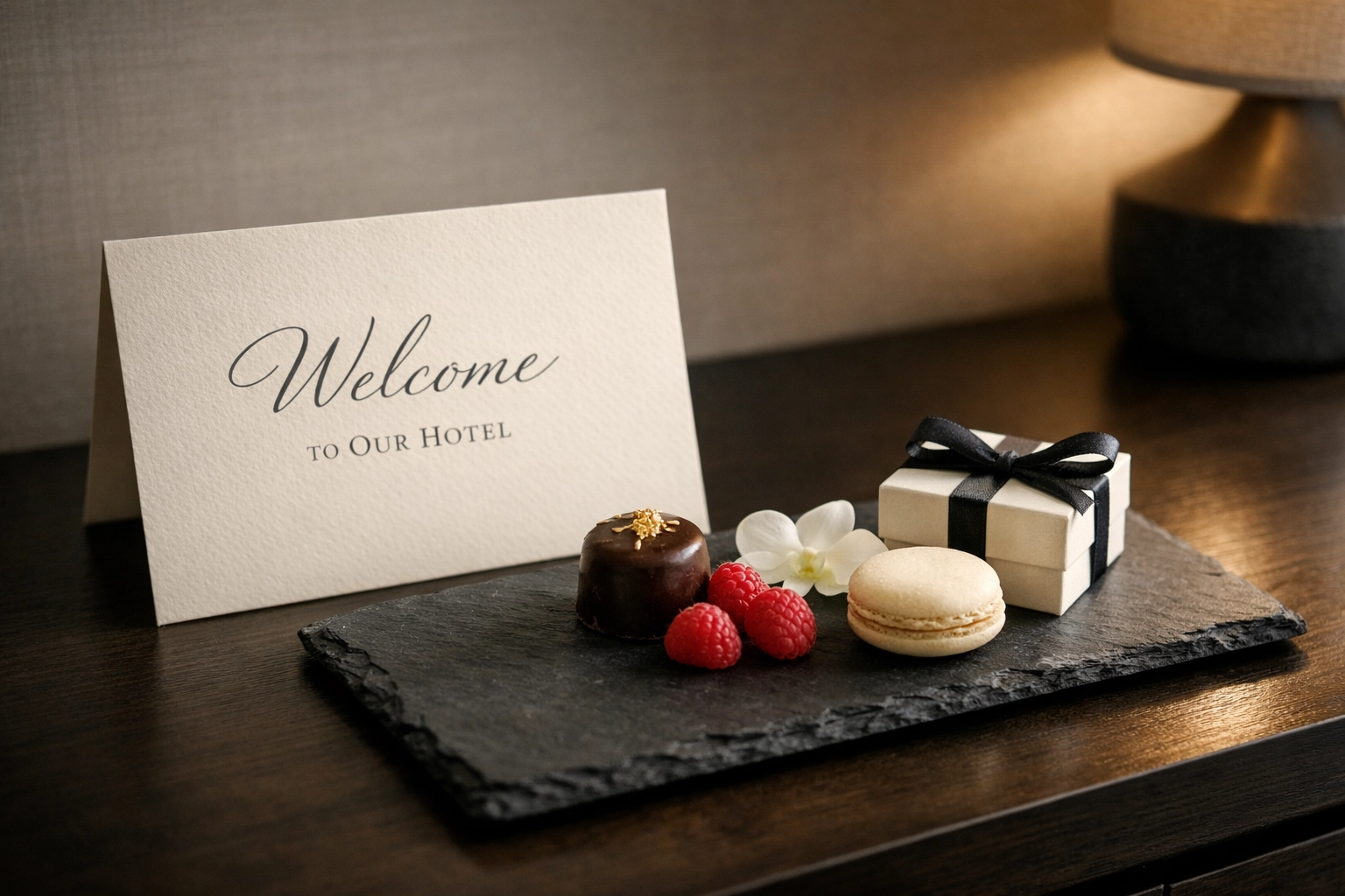 Close-up of a premium welcome card and amenity, highlighting direct booking guest personalization.