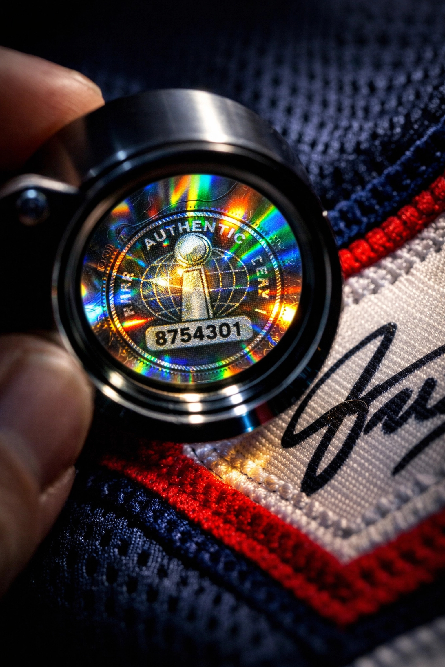 Verifying an authentic sports memorabilia hologram on a signed jersey with a magnifying glass.