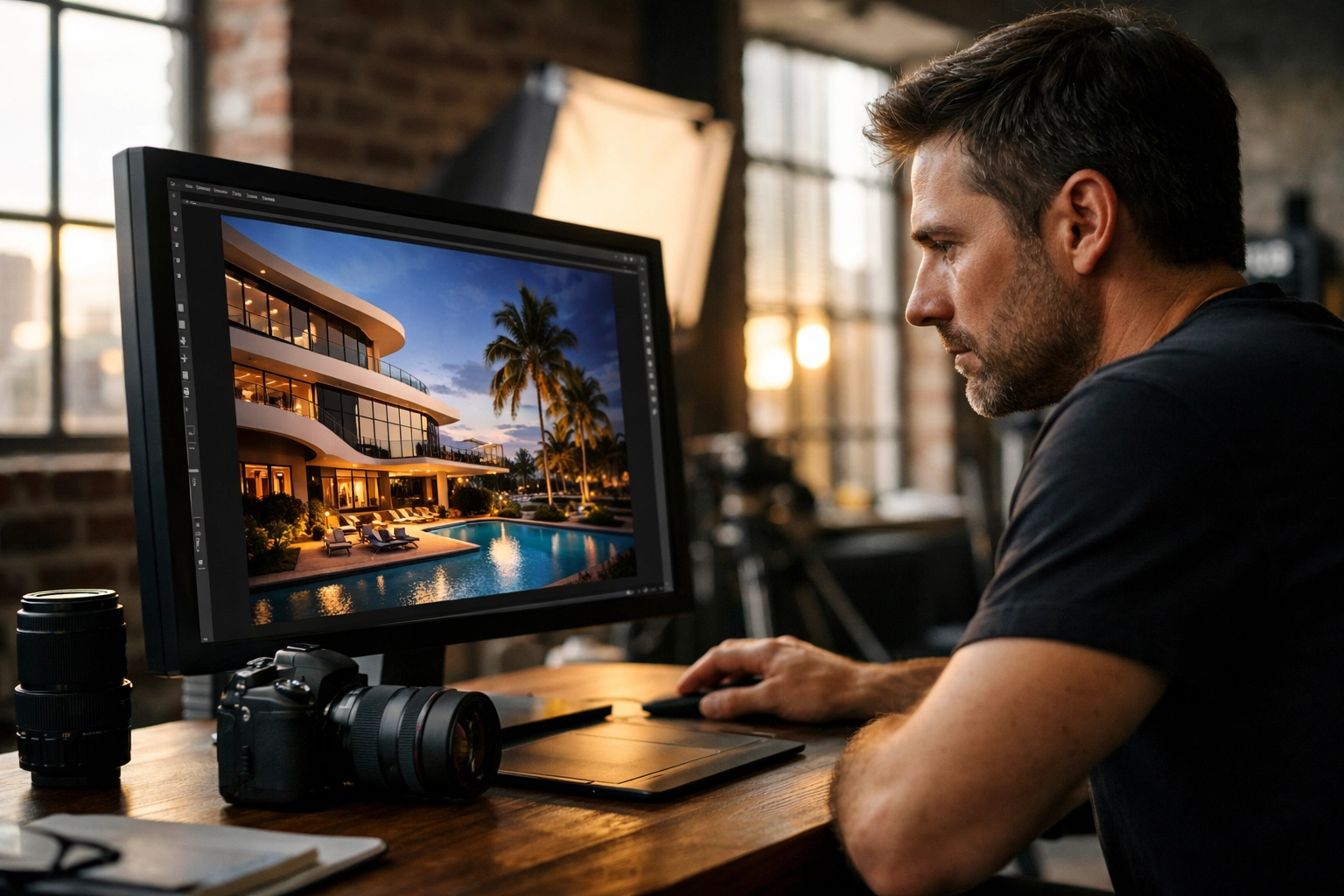 Professional photographer in a Wynwood Miami studio reviewing brand images to create high-quality visual storytelling.