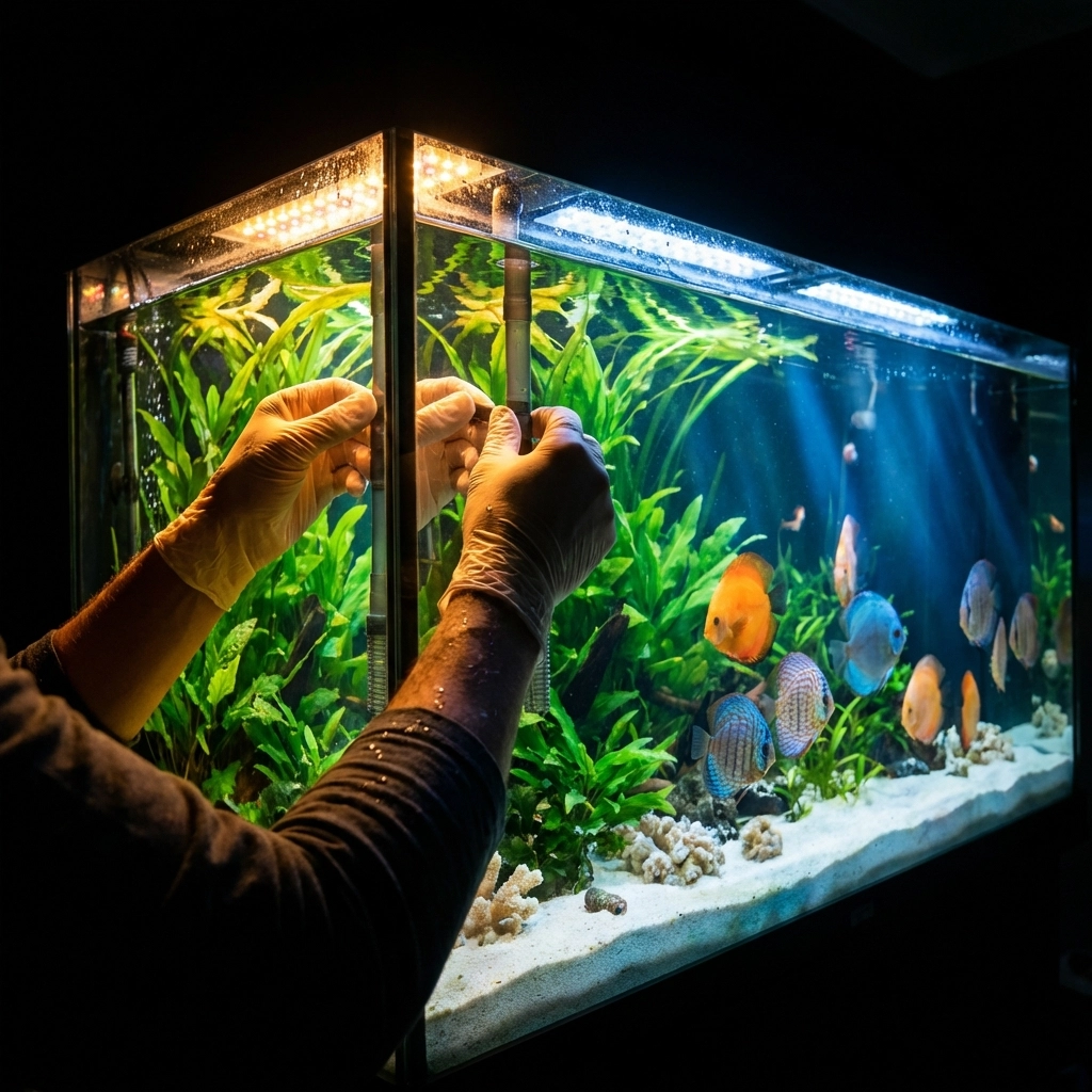 Aquarium technician adjusting equipment in a thriving freshwater tank, highlighting expert maintenance and care.