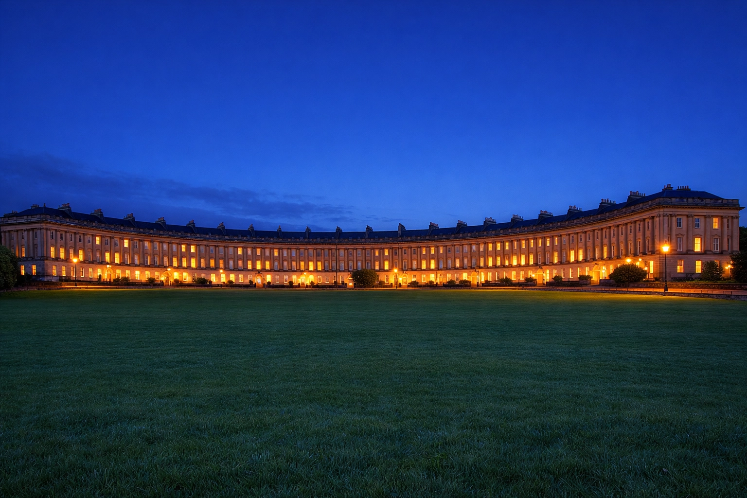 Twilight view of the Royal Crescent in Bath reflecting a serene and secure home environment.