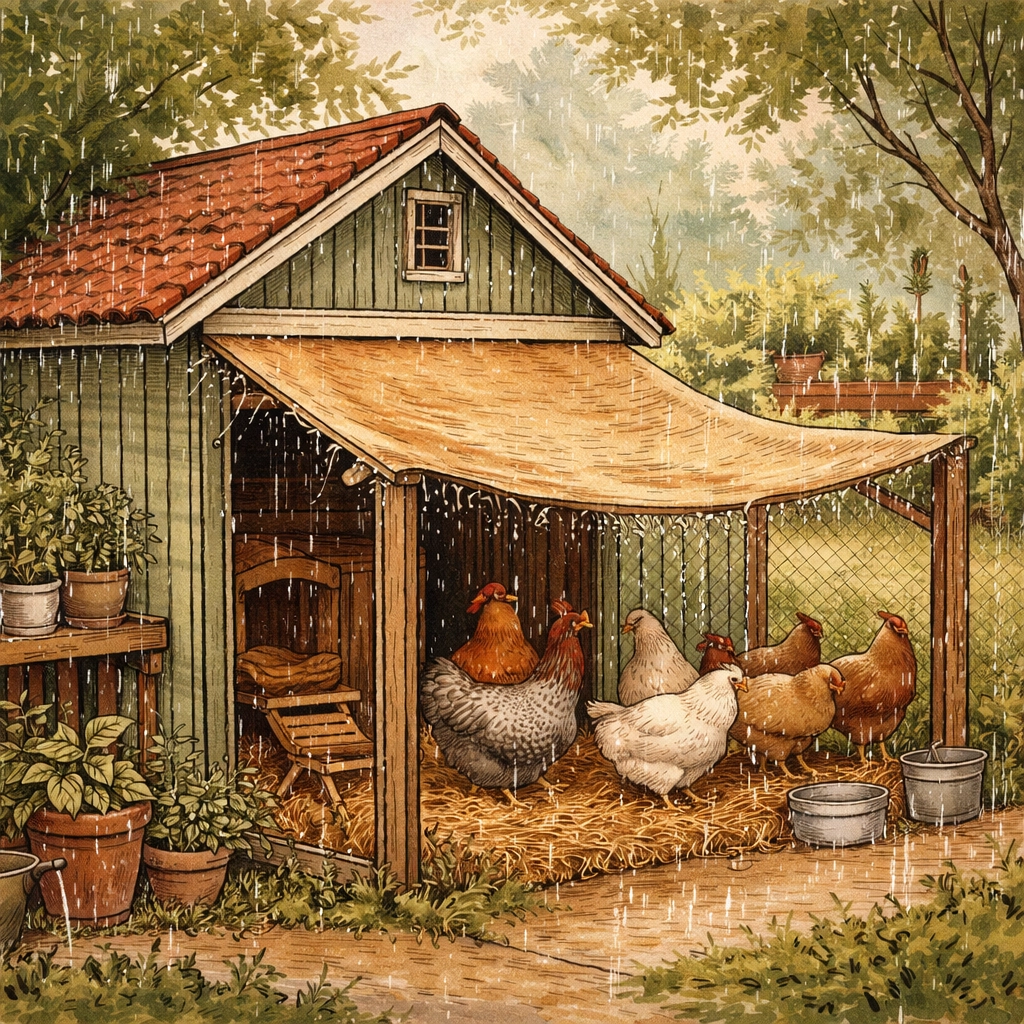Hens of varied colors shelter under a tarp in a backyard coop run on a rainy day, demonstrating best practices for wet weather chicken care.