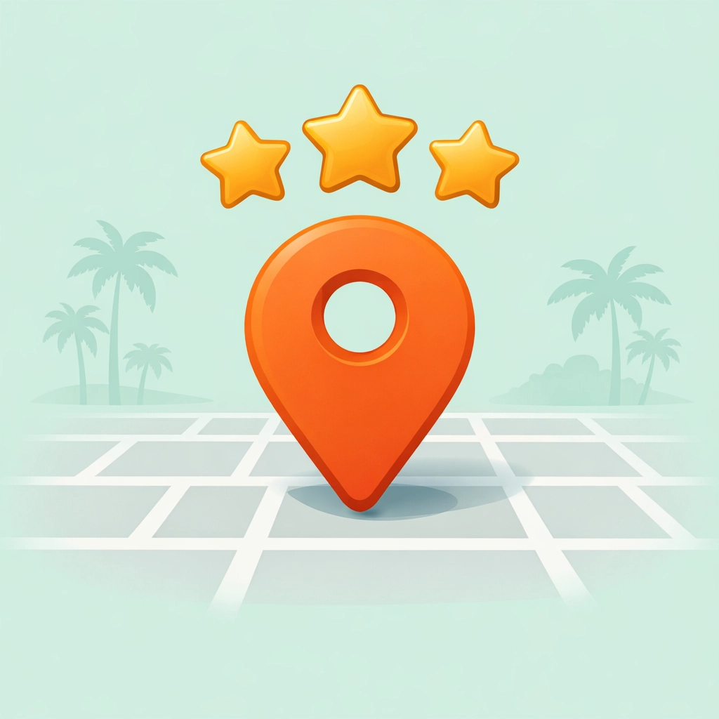 Local SEO map pin and five-star reviews for a Google Business Profile in South West Florida.