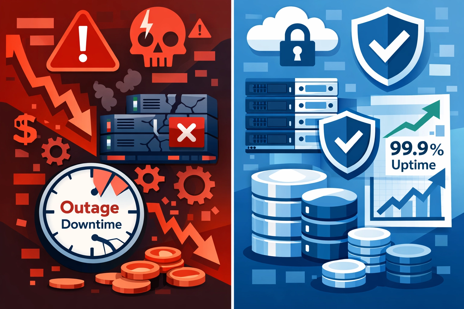 Comparison of IT system failures versus proactive managed IT support benefits
