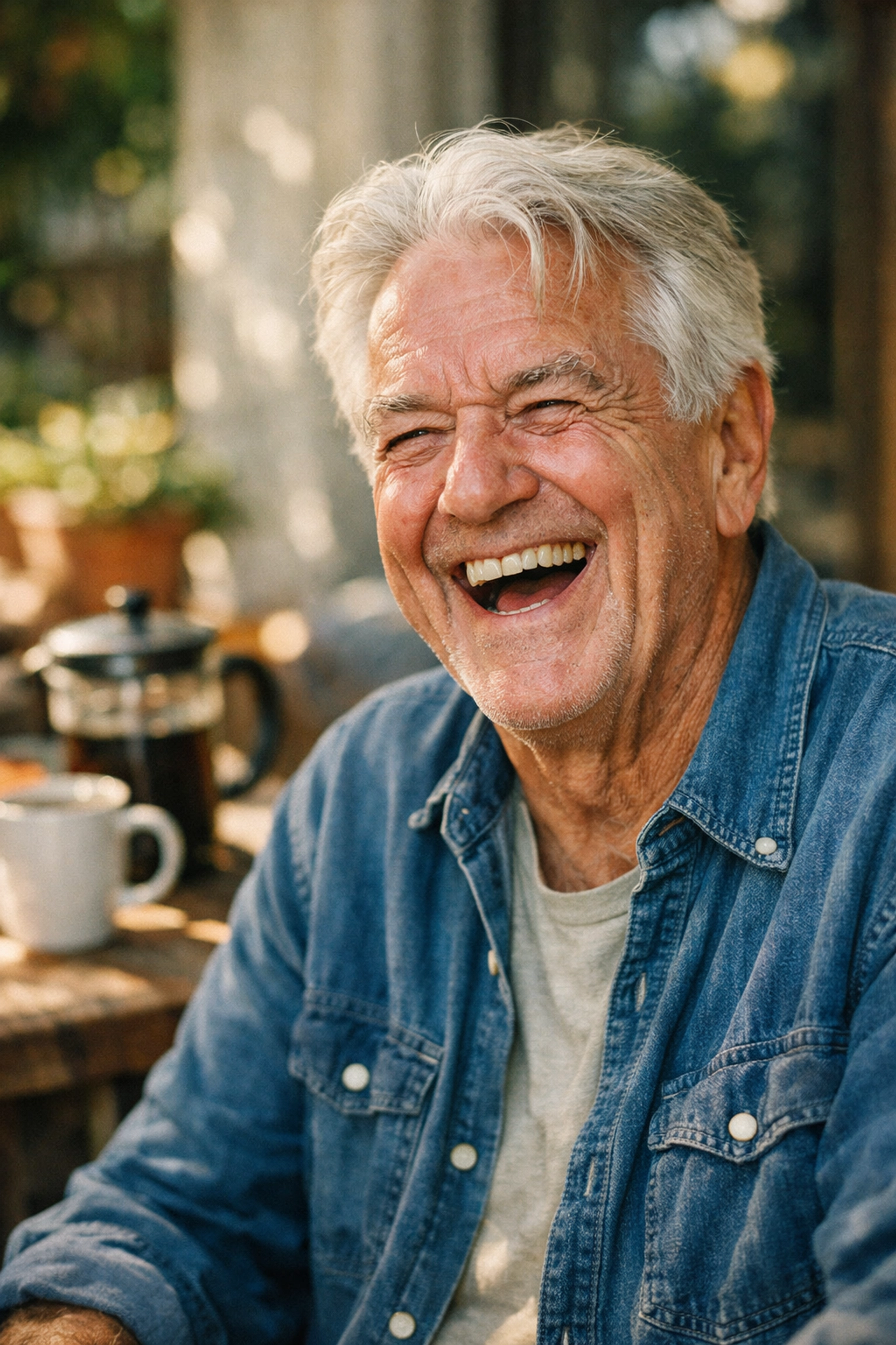 Candid portrait photography of an elderly man laughing, showing the result of successful subject communication.