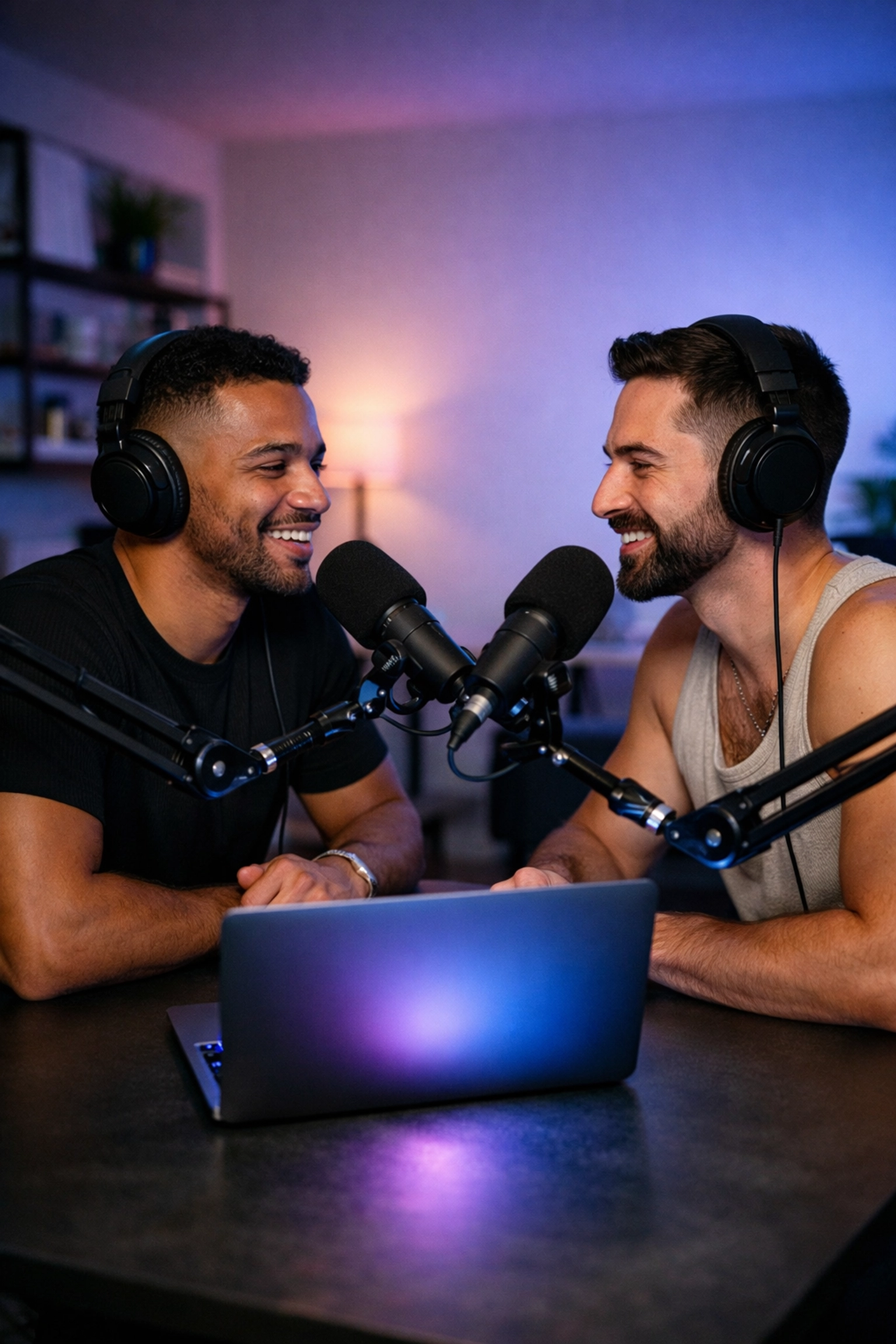 Two queer men recording a podcast in a modern studio, building digital community through stories.