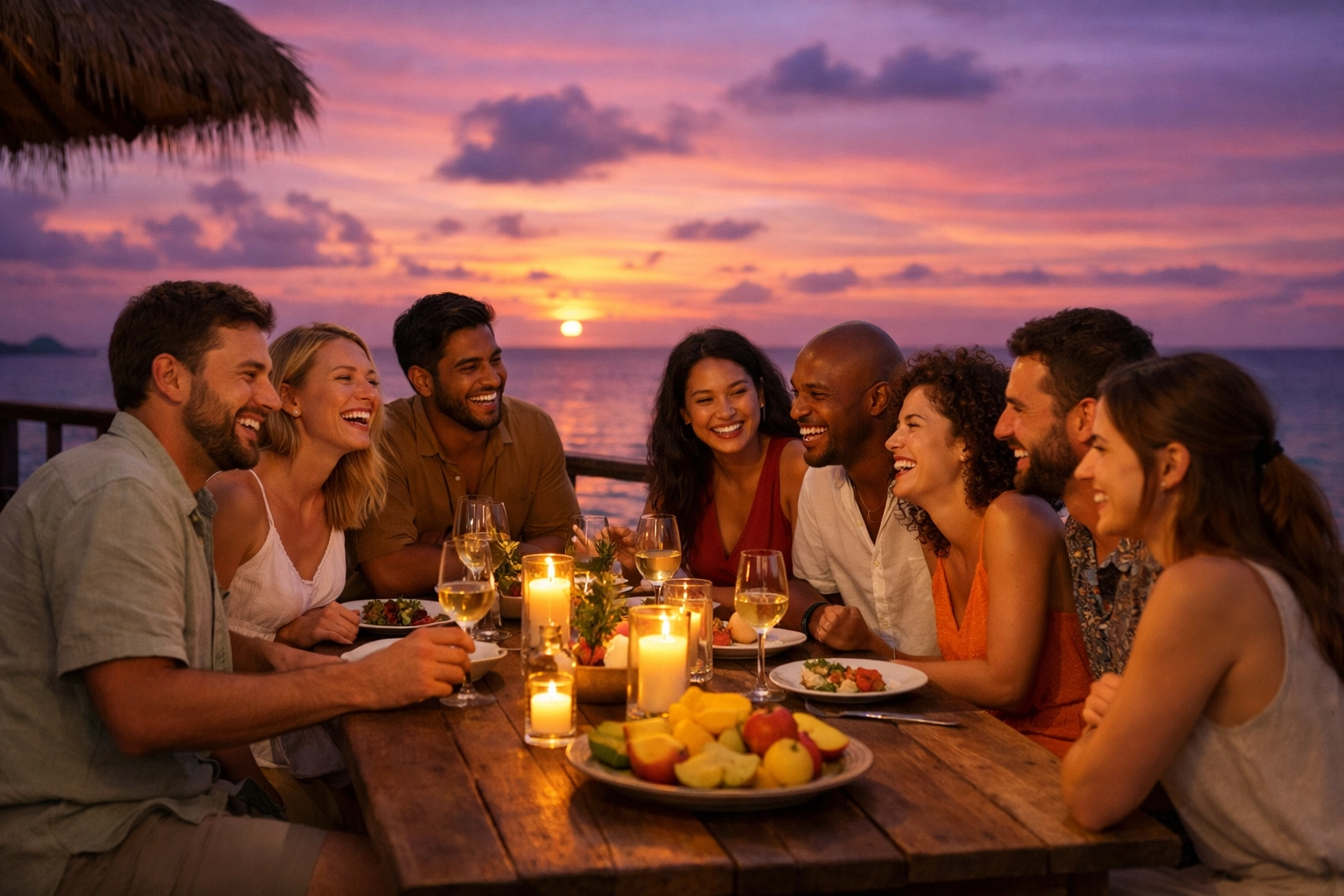 A group of friends enjoying a sunset dinner on an ocean terrace during a Maldives group dive trip.