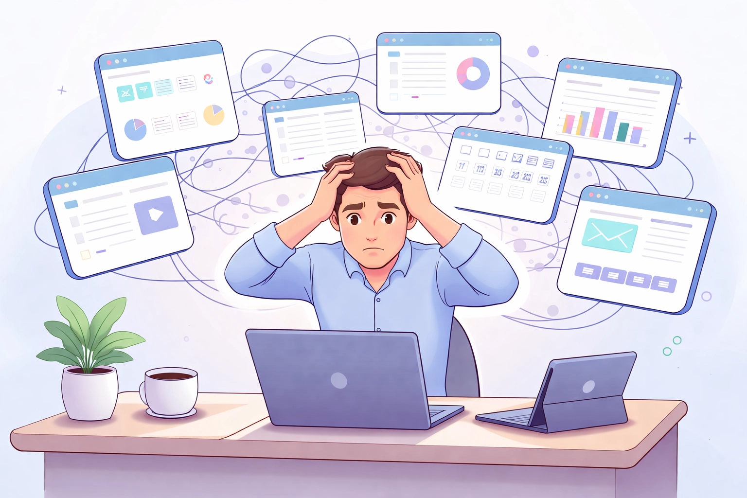 Frustrated business owner overwhelmed by multiple disconnected apps and tools at their desk