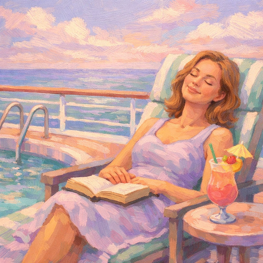 Single mom relaxing poolside on cruise ship deck with book and drink