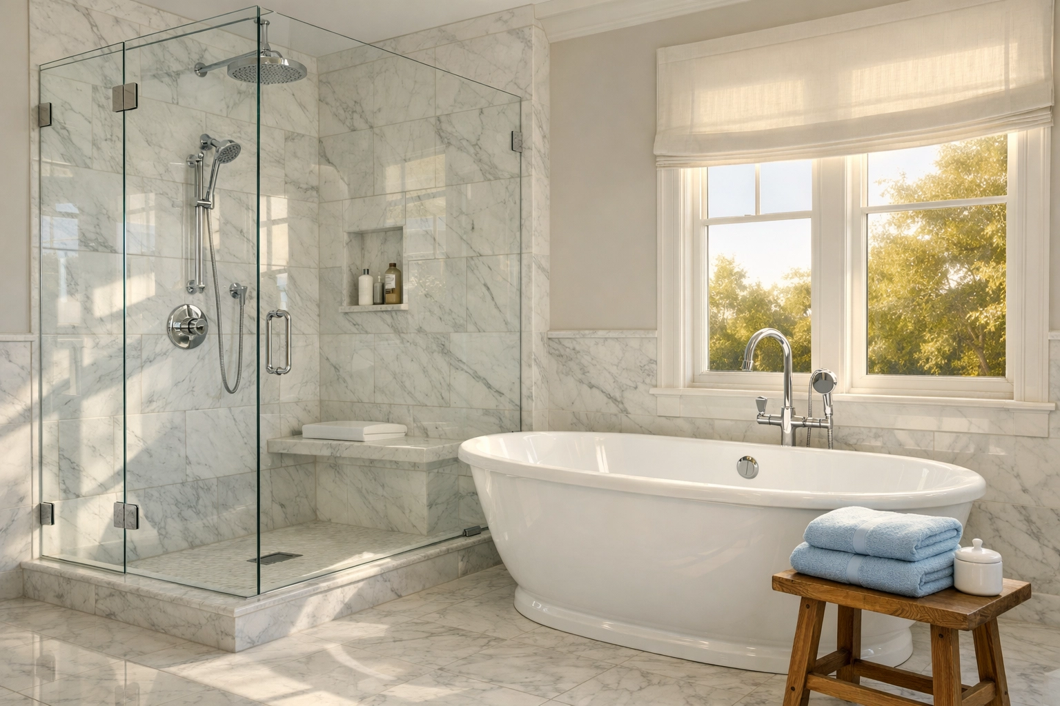 Sparkling clean master bathroom with a walk-in shower after expert deep cleaning in Wellesley MA.