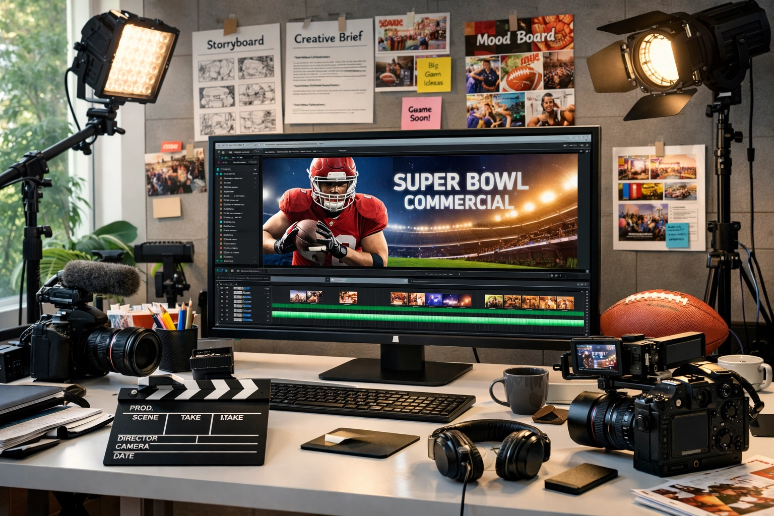 From Touchdown to Deal Closed: The Proven 7-Step Framework for Super Bowl Sports Marketing Success Marketing team creating Super Bowl campaign content and creative assets in professional workspace