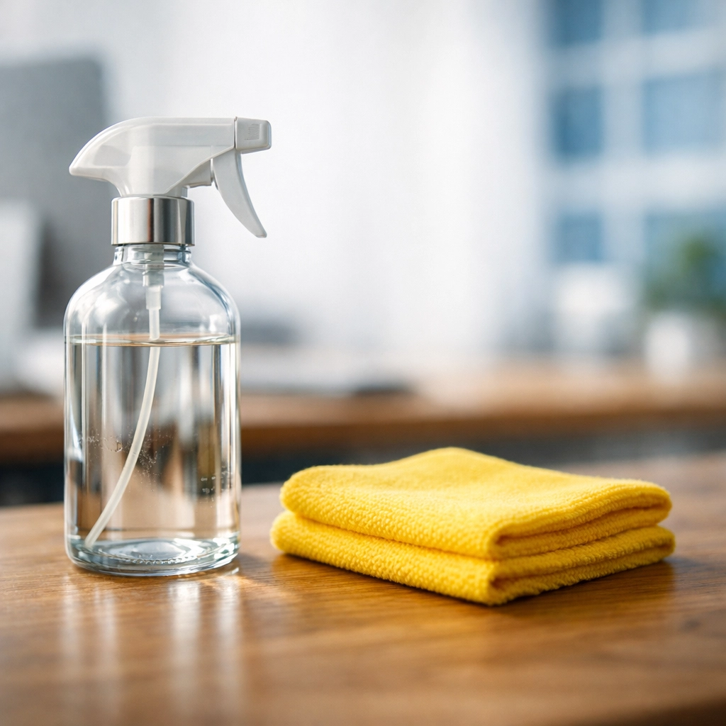 Eco-friendly spray bottle and cloth on a desk for sustainable Office Cleaning in Tewksbury.