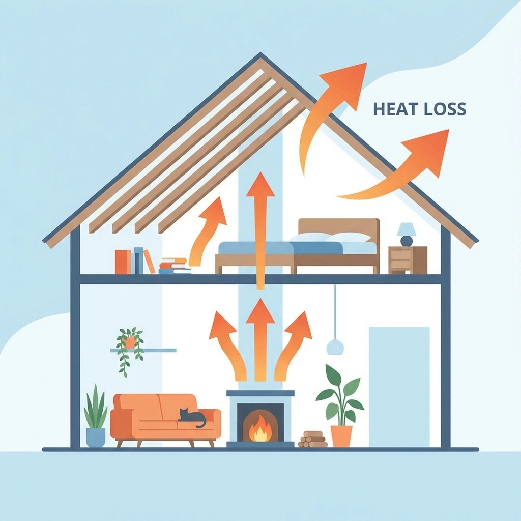 Cross-section illustration of a UK home showing heat rising through the loft, highlighting the need for upgraded loft insulation.