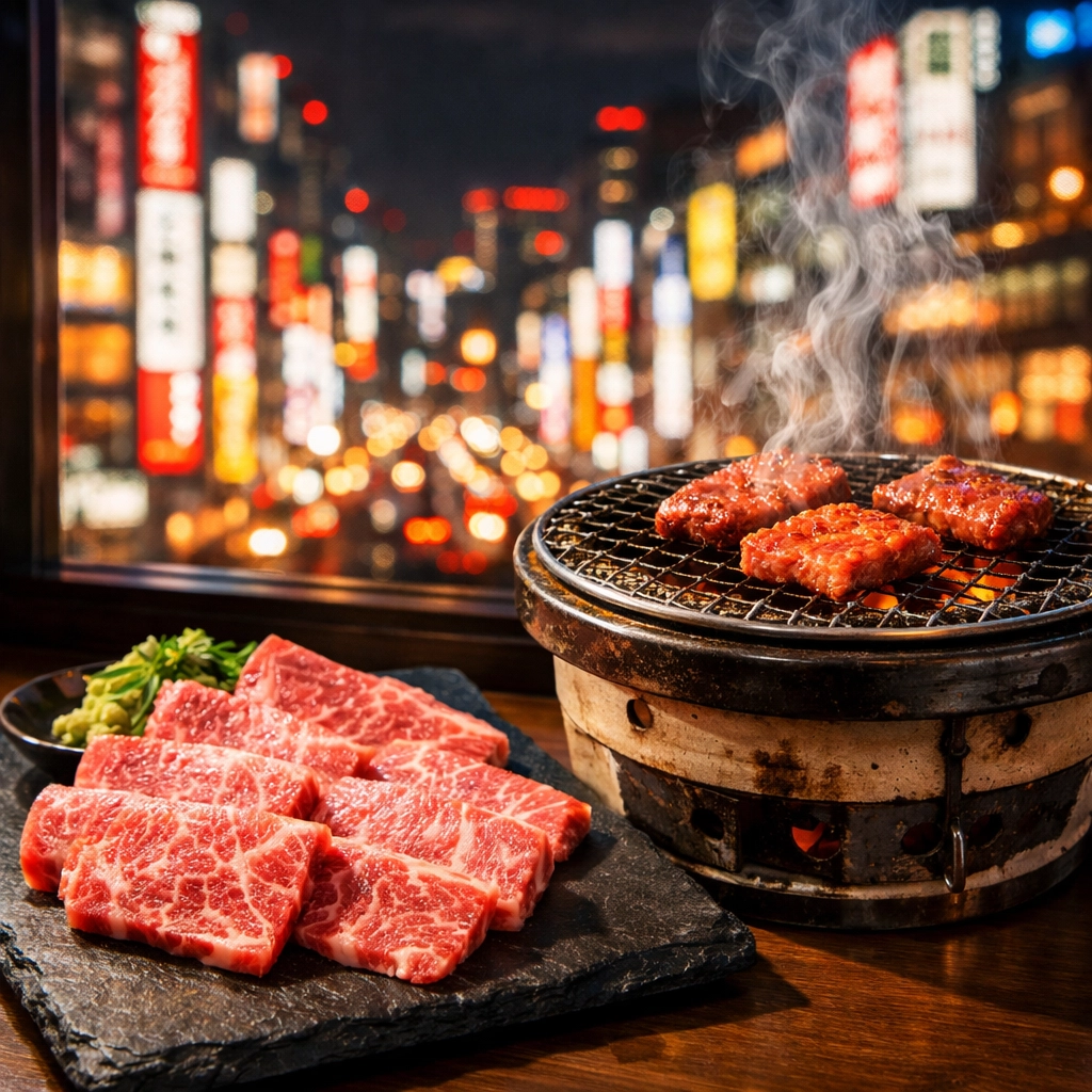 Premium marbled Wagyu beef in Shinjuku, a vibrant Tokyo photo spot for foodies.