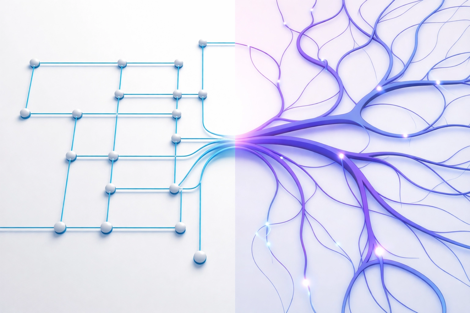 A side-by-side comparison of structured traditional automation and flexible autonomous AI architecture networks.