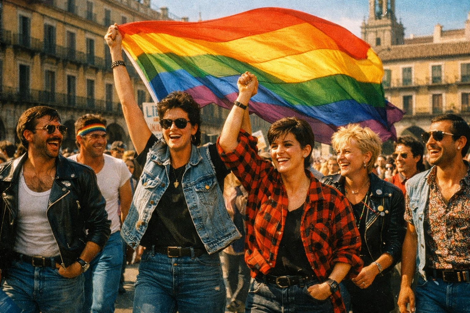 Joyful LGBTQ+ activists waving a rainbow flag in Spain celebrating newfound freedom and pride.